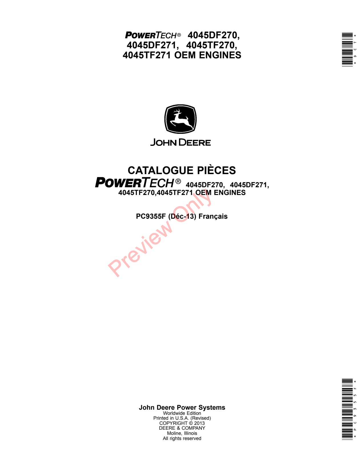 John Deere PowerTech 4045DF270 4045DF271 4045TF270 4045TF271 OEM Engines SDMO Diesel Engine Parts Catalog PC9355F FR 1 John Deere PowerTech 4045DF270 4045DF271 4045TF270 4045TF271 OEM Engines SDMO Diesel Engine Parts Catalog PC9355F FR