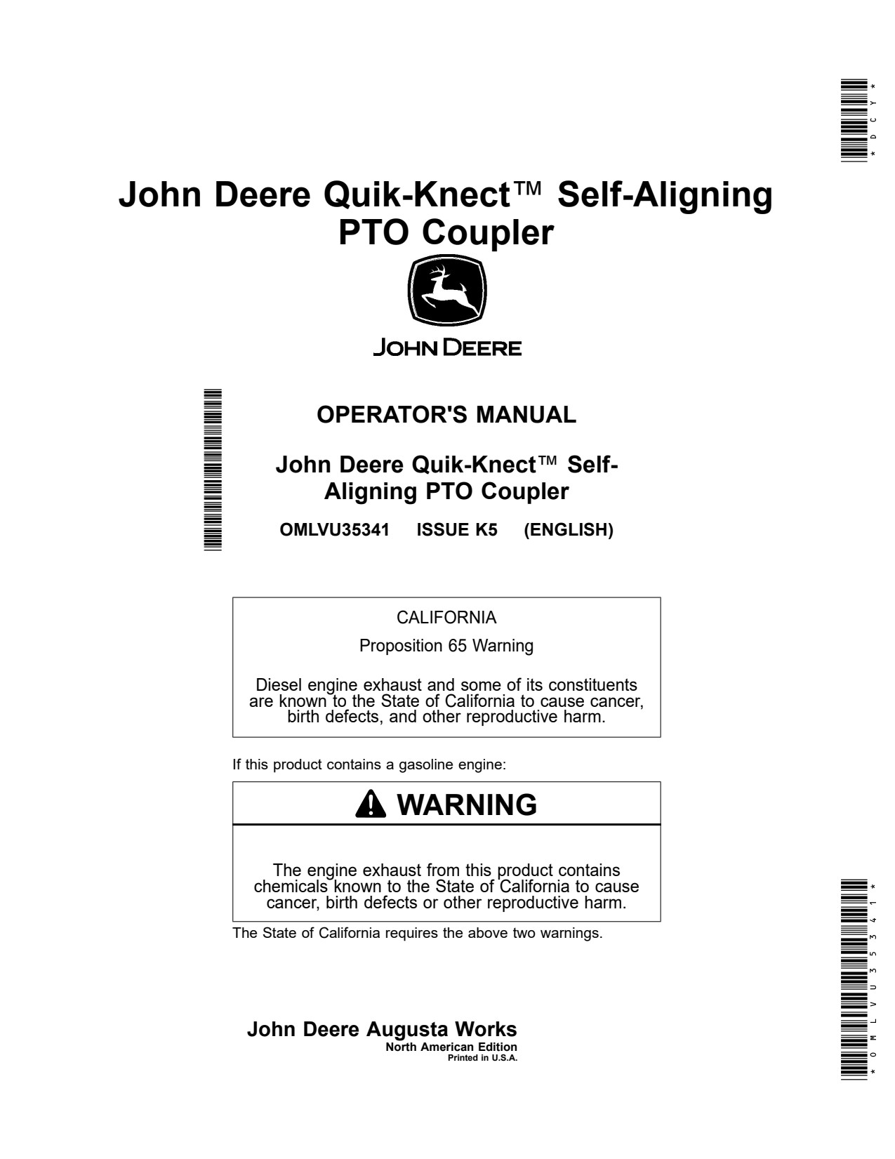 John Deere Quik-Knect Self-Aligning PTO Coupler BLV10953 BLV11177 BLV11178 BLV11199 to BLV11203 Attachment Operator Manual OMLVU35341 1 John Deere Quik-Knect Self-Aligning PTO Coupler BLV10953 BLV11177 BLV11178 BLV11199 to BLV11203 Attachment Operator Manual OMLVU35341