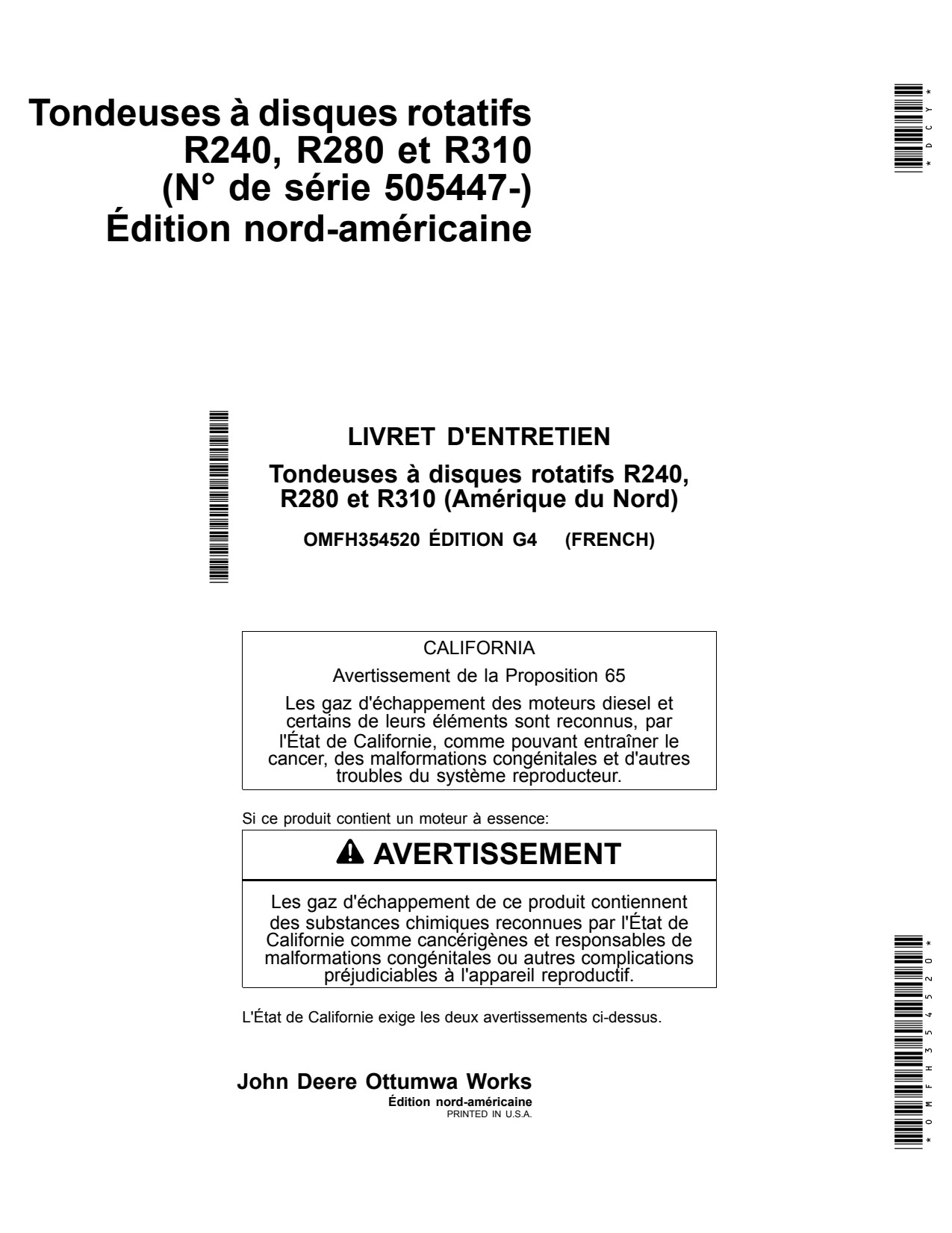 John Deere R240 R280 R310 Rotary Disk Mower Operator Manual OMFH354520 FR 1 John Deere R240 R280 R310 Rotary Disk Mower Operator Manual OMFH354520 FR