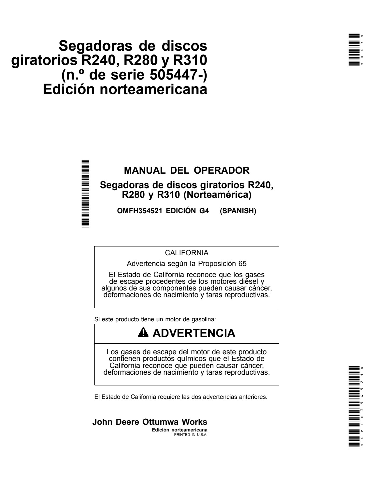 John Deere R240 R280 R310 Rotary Disk Mower Operator Manual OMFH354521 ES 1 John Deere R240 R280 R310 Rotary Disk Mower Operator Manual OMFH354521 ES
