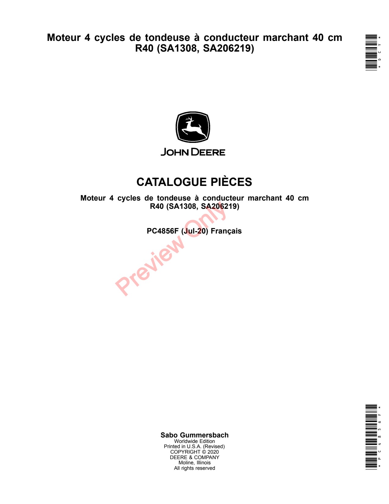 John Deere R40 SA1308 SA206219 40 Walk-Behind Mower Parts Catalog PC4856F FR 1 John Deere R40 SA1308 SA206219 40 Walk-Behind Mower Parts Catalog PC4856F FR