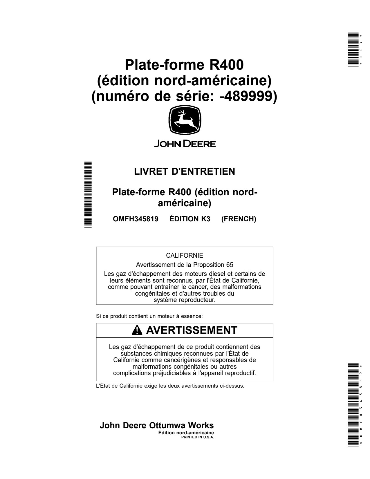 John Deere R400 Header Platform Operator Manual OMFH345819 FR 1 John Deere R400 Header Platform Operator Manual OMFH345819 FR