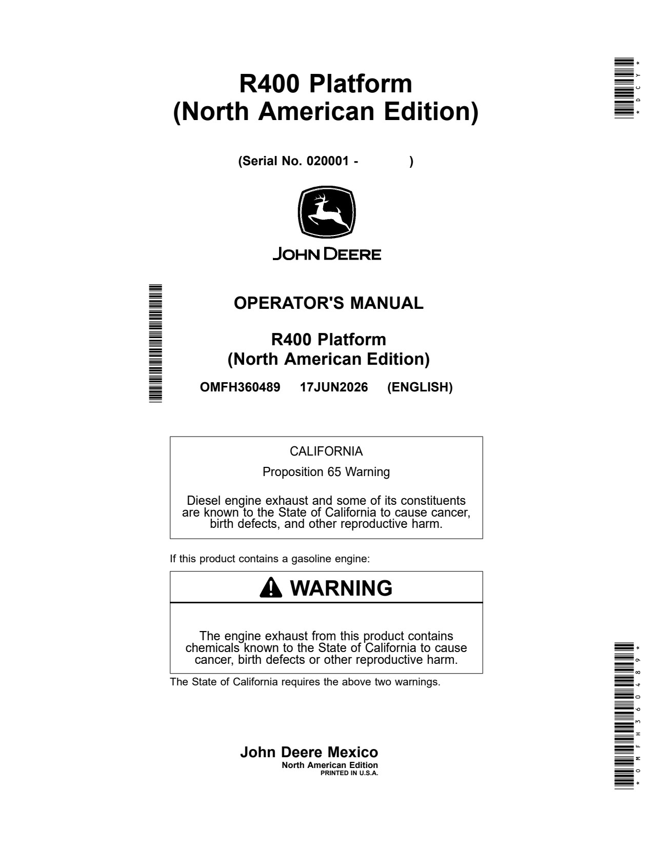 John Deere R400 Header Platform Operator Manual OMFH360489 1 John Deere R400 Header Platform Operator Manual OMFH360489