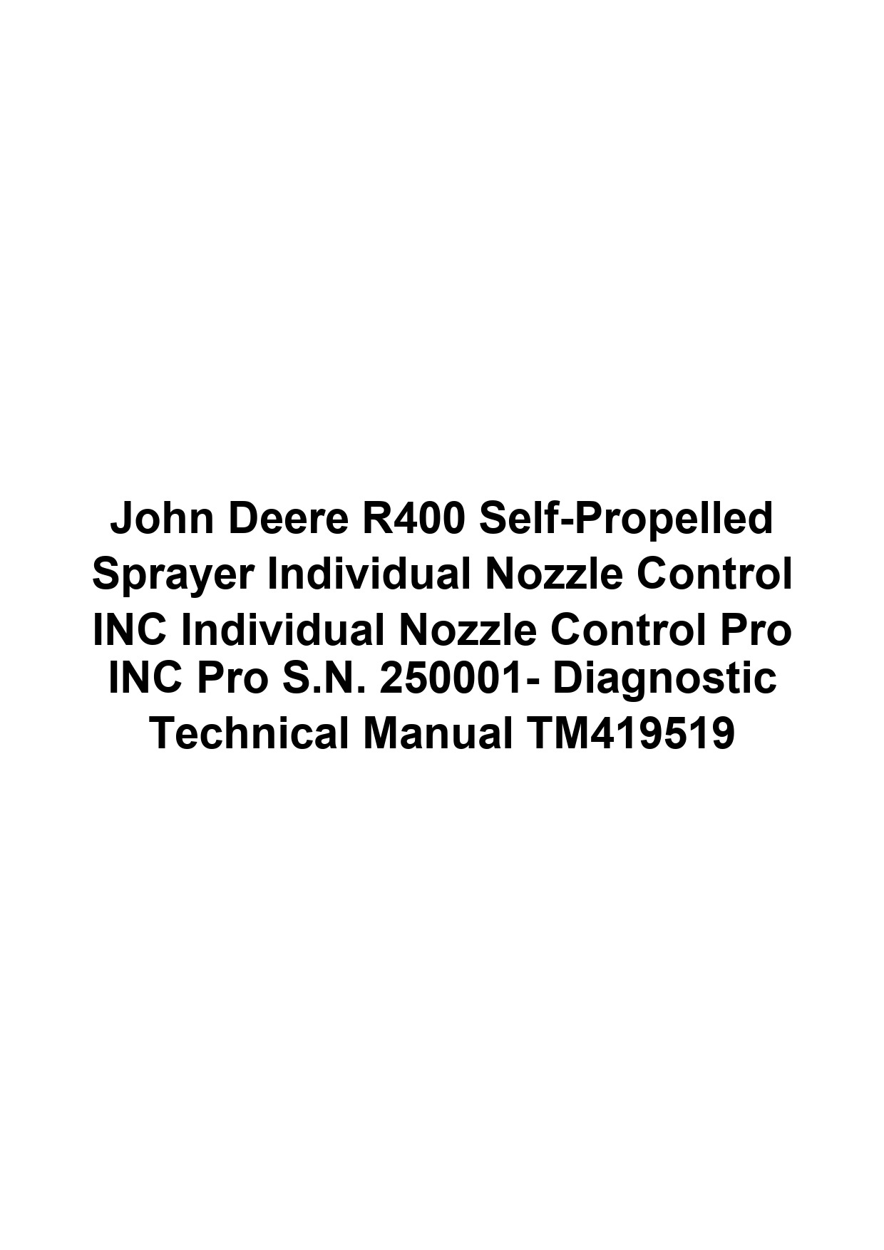 John Deere R400 Self-Propelled Sprayer Individual Nozzle Control INC Individual Nozzle Control Pro INC Pro S.N. 250001- Diagnostic Technical Manual TM419519 1 John Deere R400 Self-Propelled Sprayer Individual Nozzle Control INC Individual Nozzle Control Pro INC Pro S.N. 250001- Diagnostic Technical Manual TM419519