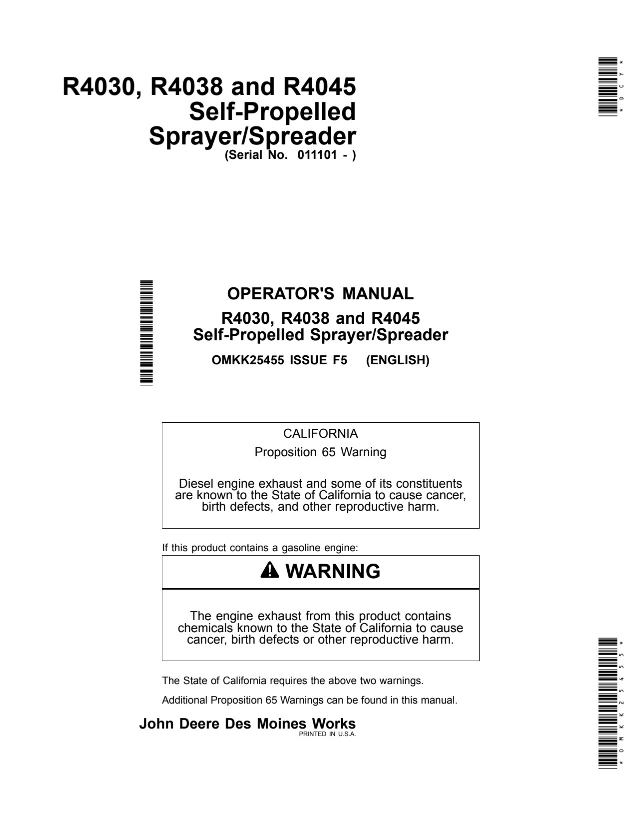 John Deere R4030 R4038 R4045 Self-Propelled Sprayer Operator Manual OMKK25455 1 John Deere R4030 R4038 R4045 Self-Propelled Sprayer Operator Manual OMKK25455