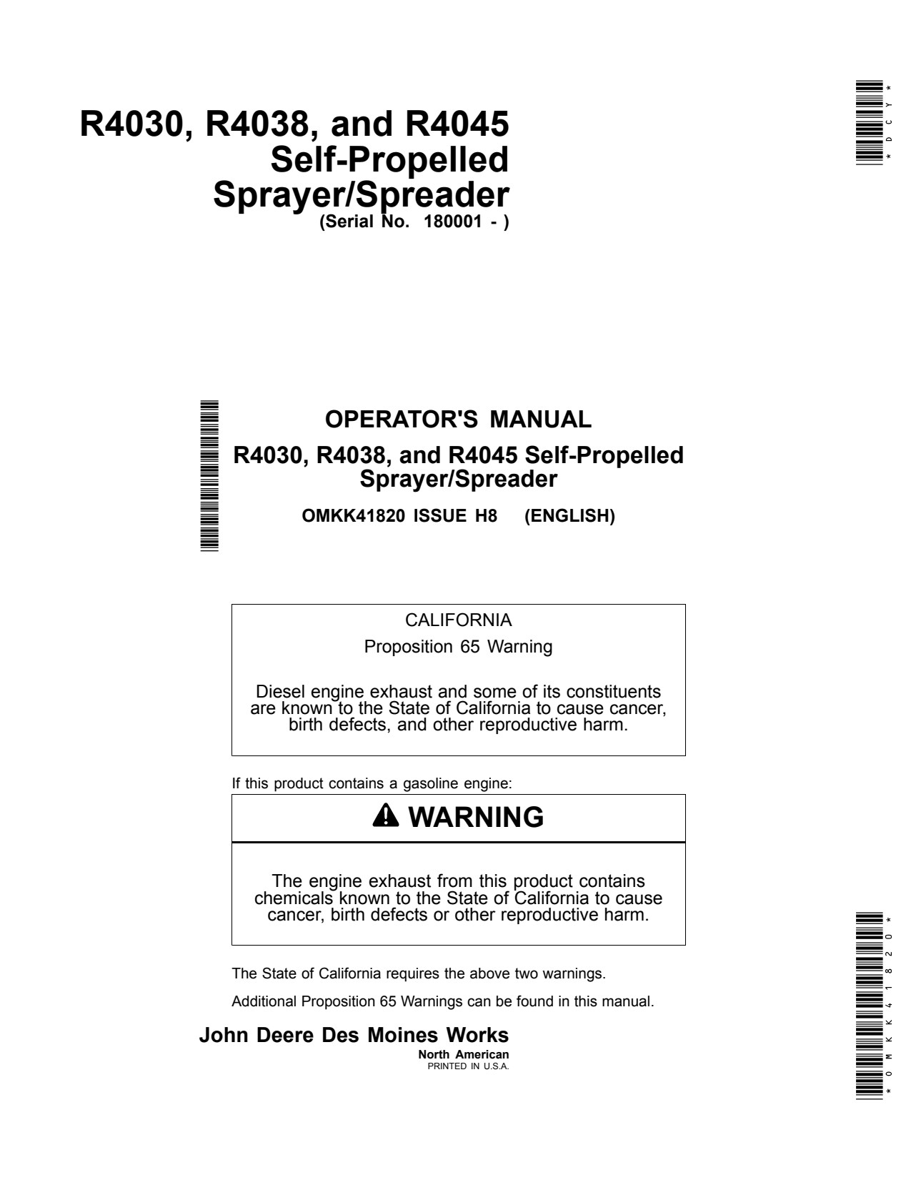 John Deere R4030 R4038 R4045 Self-Propelled Sprayer Operator Manual OMKK41820 1 John Deere R4030 R4038 R4045 Self-Propelled Sprayer Operator Manual OMKK41820