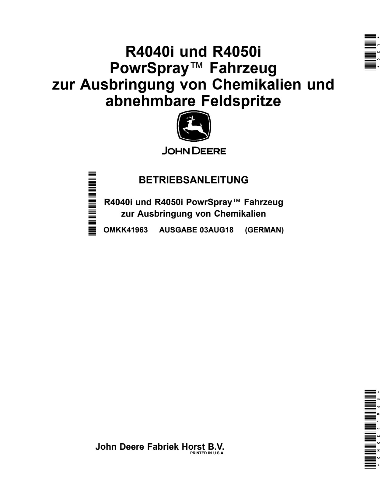 John Deere R4040i R4050i PowrSpray Demountable Crop Sprayer Operator Manual OMKK41963 DE 1 John Deere R4040i R4050i PowrSpray Demountable Crop Sprayer Operator Manual OMKK41963 DE