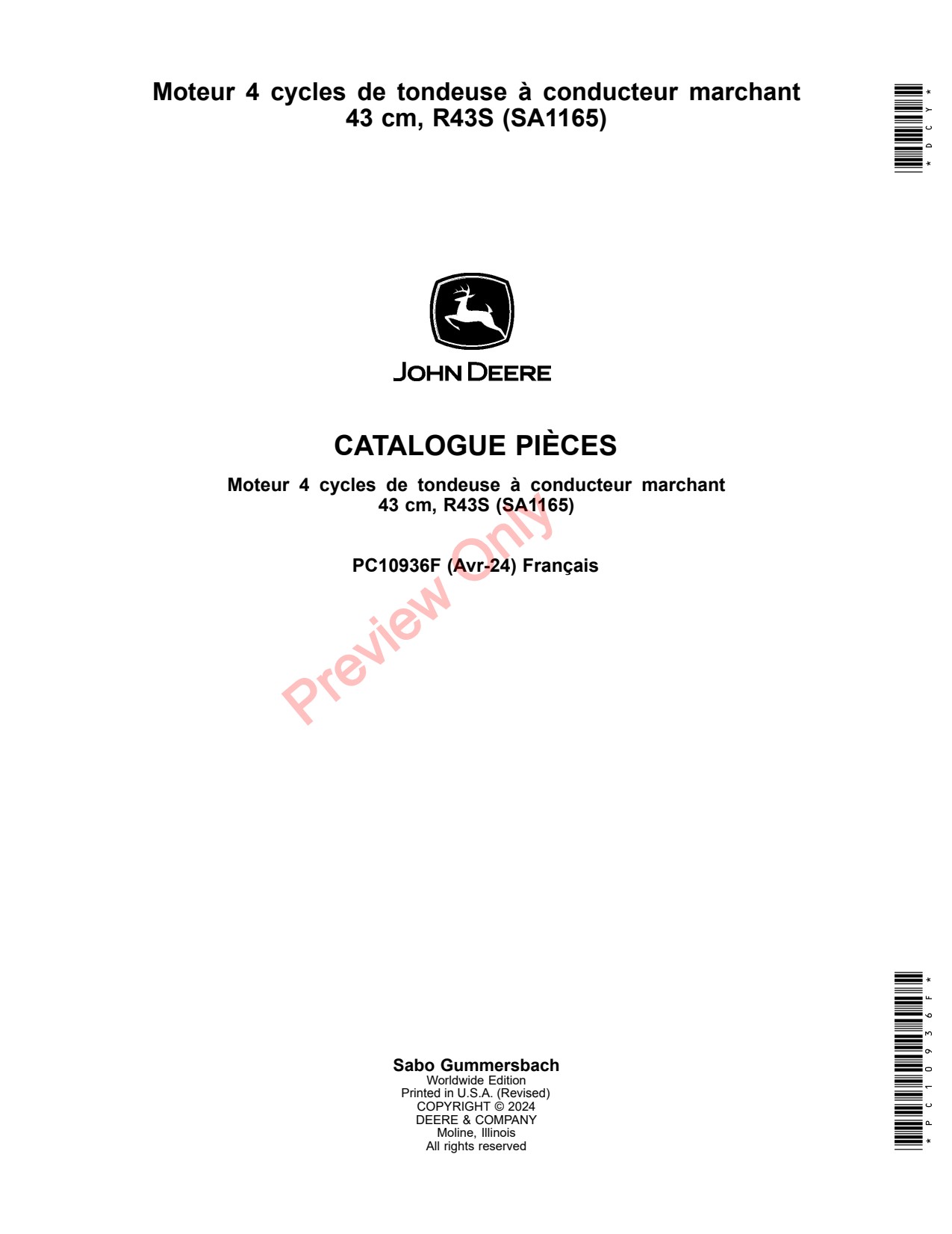 John Deere R43S SA1165 43CM Walk-Behind Mower Parts Catalog PC10936F FR 1 John Deere R43S SA1165 43CM Walk-Behind Mower Parts Catalog PC10936F FR