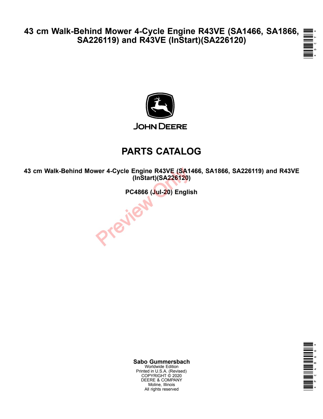 John Deere R43VE SA1466 SA1866 SA226119 InStart SA226120 43 Walk-Behind Mower Parts Catalog PC4866 1 John Deere R43VE SA1466 SA1866 SA226119 InStart SA226120 43 Walk-Behind Mower Parts Catalog PC4866