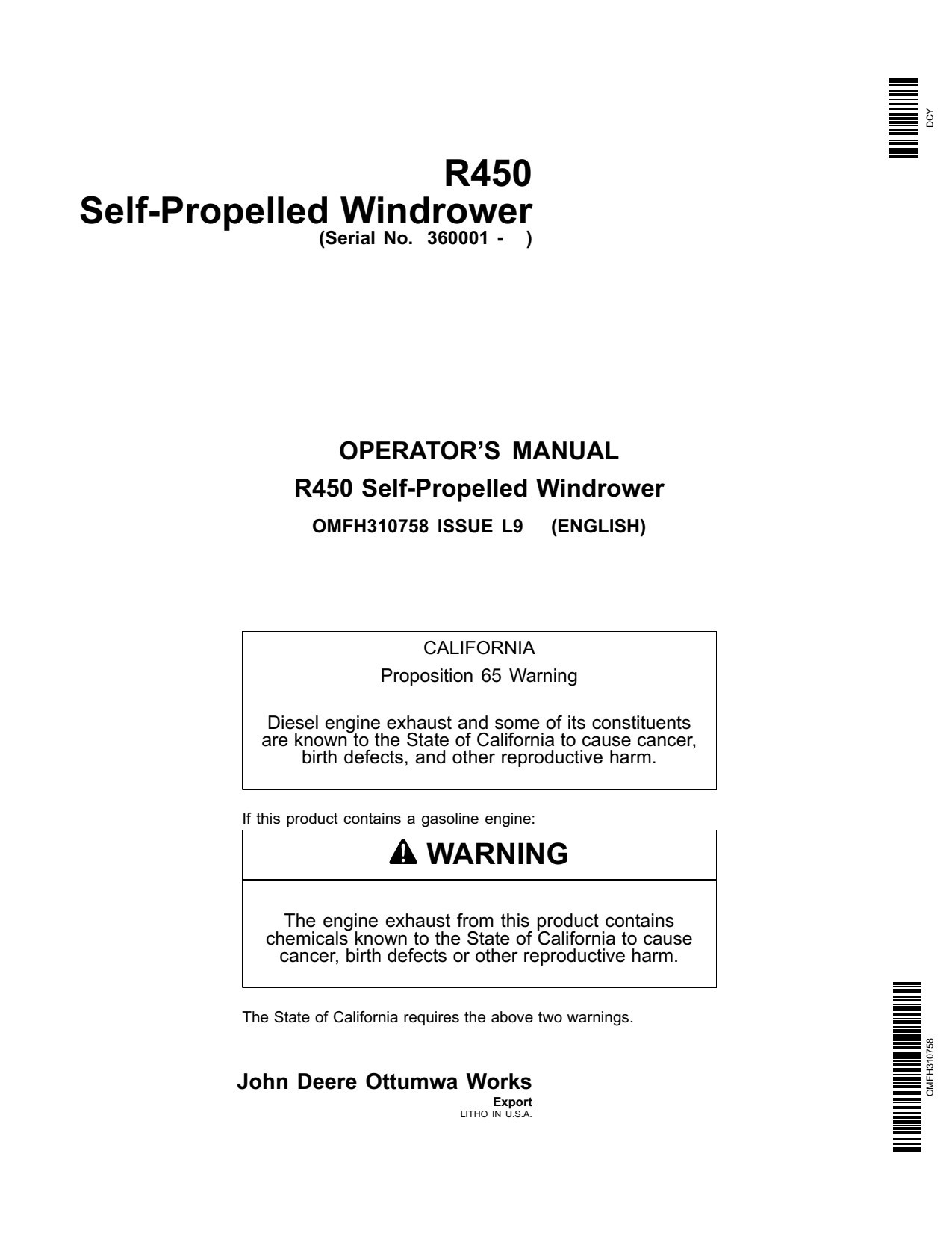 John Deere R450 Self-propelled Windrower Operator Manual OMFH310758 1 John Deere R450 Self-propelled Windrower Operator Manual OMFH310758