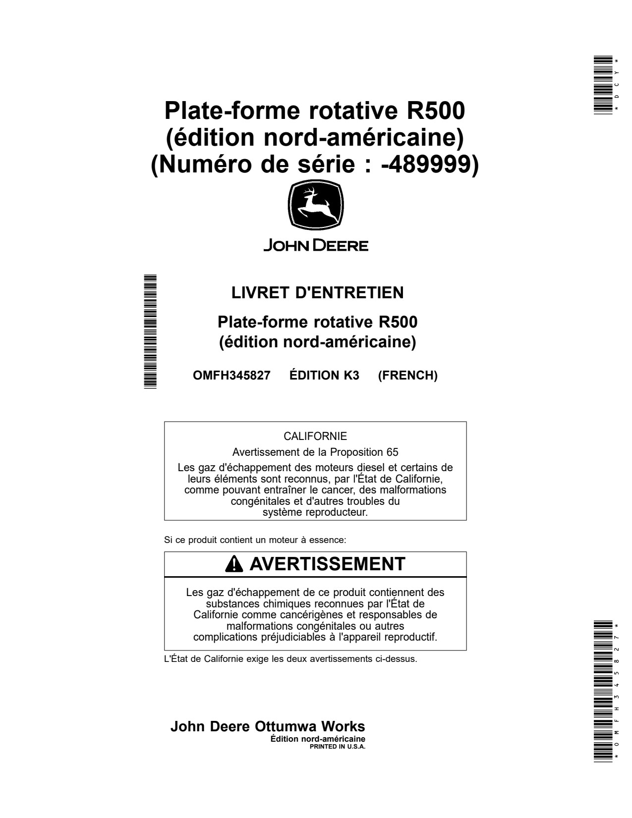 John Deere R500 Header Platform Operator Manual OMFH345827 FR 1 John Deere R500 Header Platform Operator Manual OMFH345827 FR
