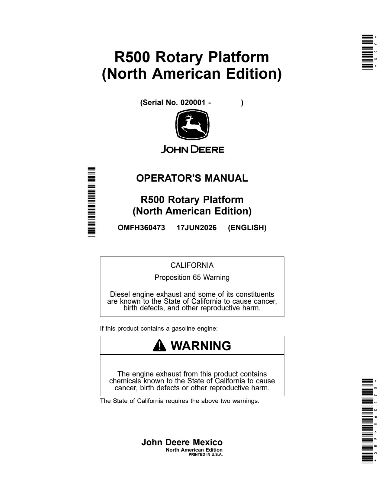 John Deere R500 Header Platform Operator Manual OMFH360473 1 John Deere R500 Header Platform Operator Manual OMFH360473