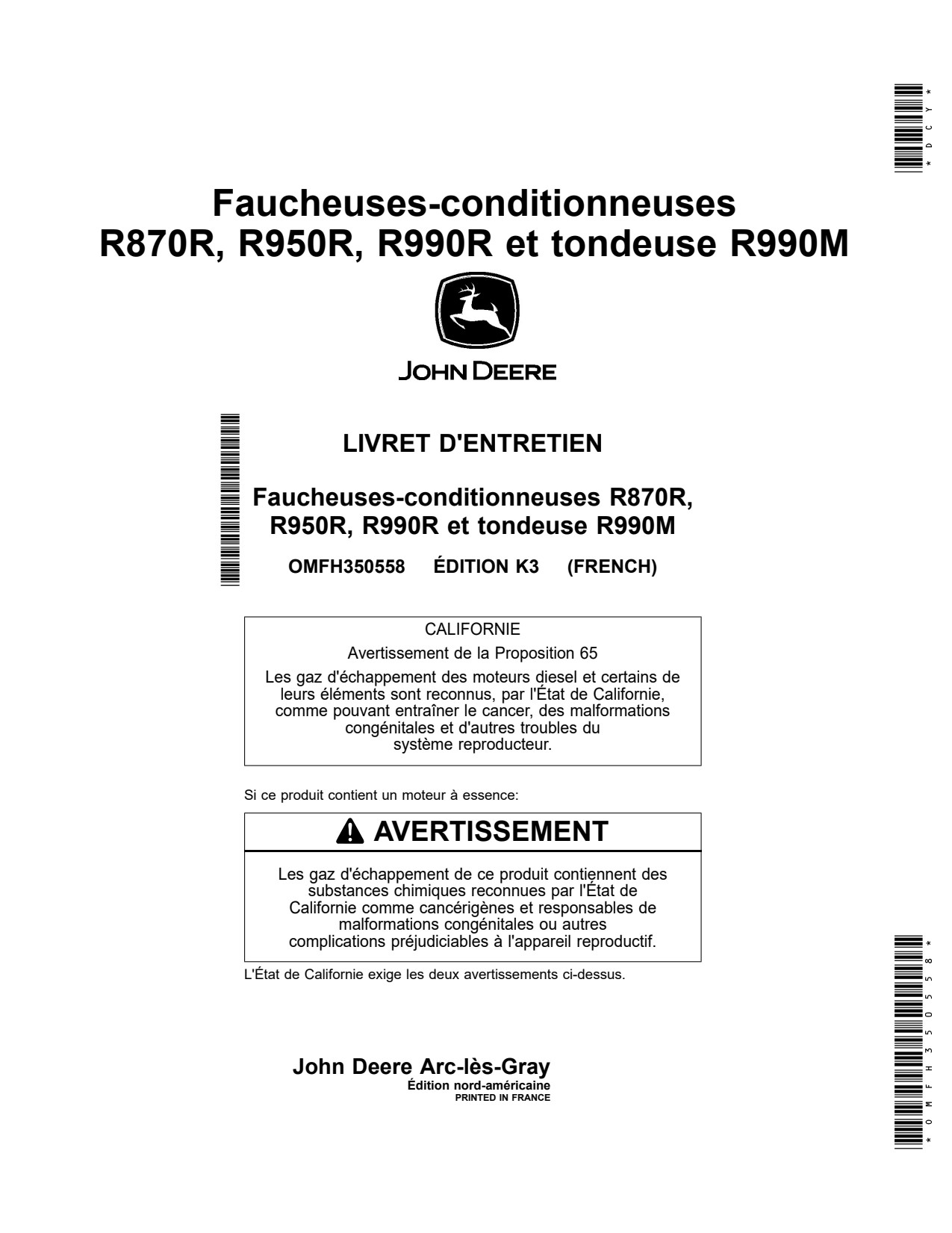 John Deere R870R R950R R990M R990R Mower Conditioner Operator Manual OMFH350558 FR 1 John Deere R870R R950R R990M R990R Mower Conditioner Operator Manual OMFH350558 FR