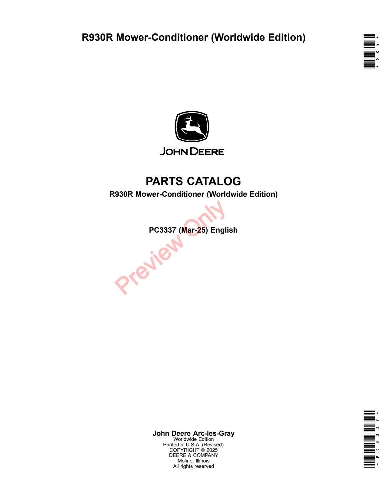 John Deere R930R Mower Conditioner Parts Catalog PC3337 1 John Deere R930R Mower Conditioner Parts Catalog PC3337
