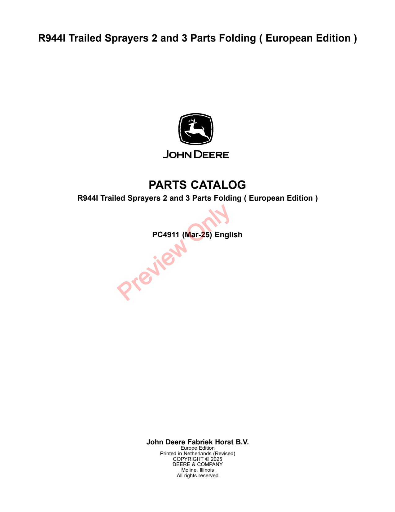 John Deere R944I Trailed Sprayer Parts Catalog PC4911 1 John Deere R944I Trailed Sprayer Parts Catalog PC4911