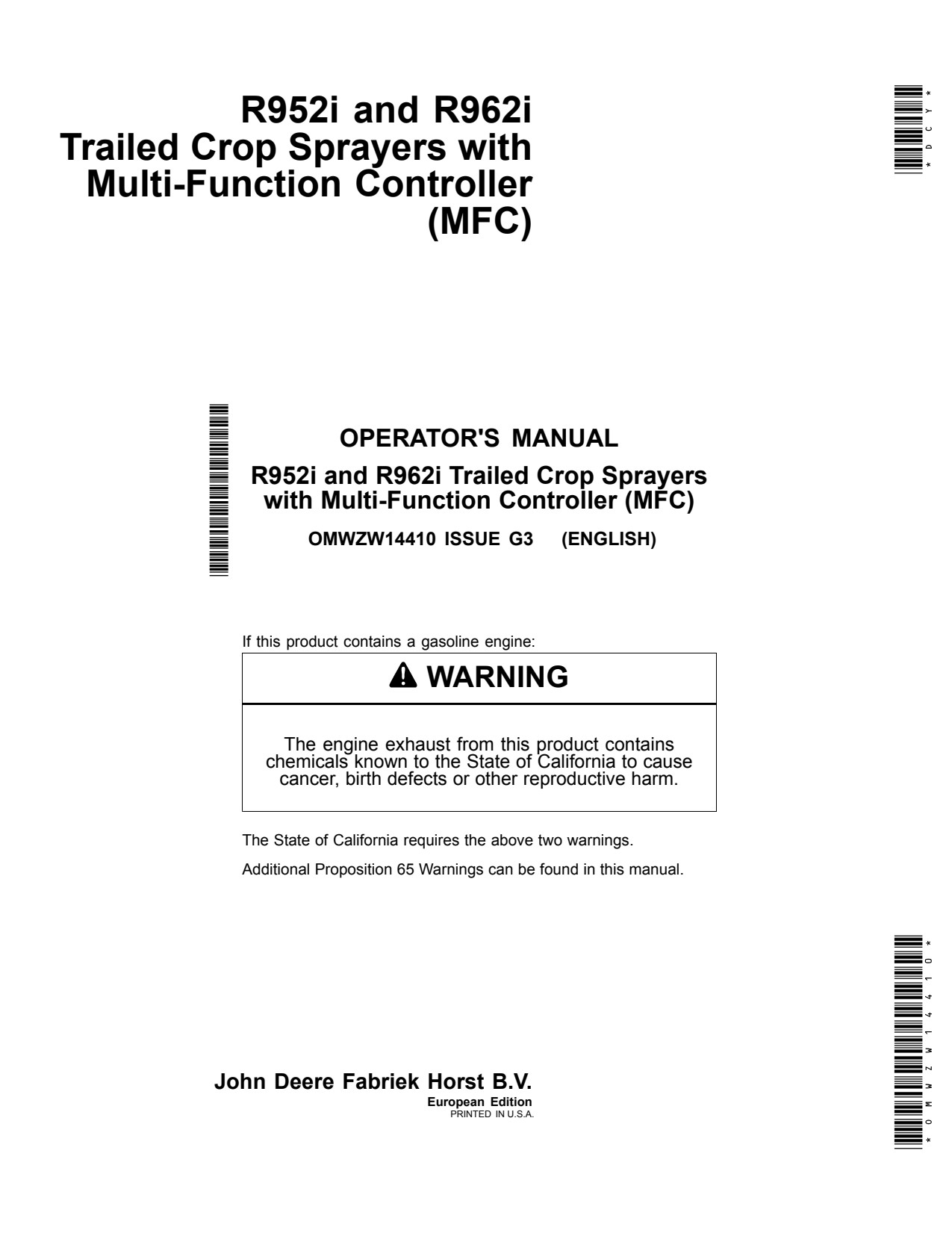 John Deere R952i R62i R962I Trailed Crop Sprayer Operator Manual OMWZW14410 1 John Deere R952i R62i R962I Trailed Crop Sprayer Operator Manual OMWZW14410