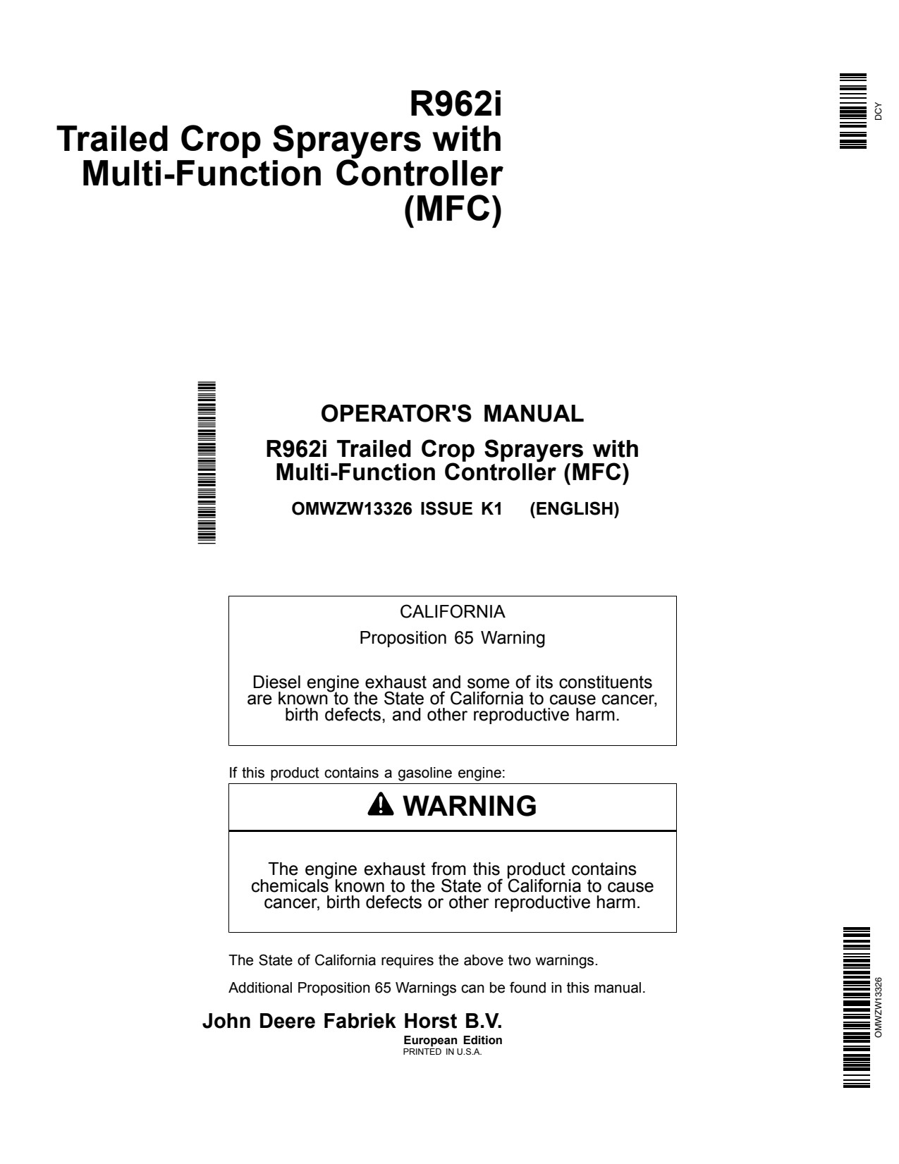 John Deere R962i Trailed Crop Sprayer Operator Manual OMWZW13326 1 John Deere R962i Trailed Crop Sprayer Operator Manual OMWZW13326