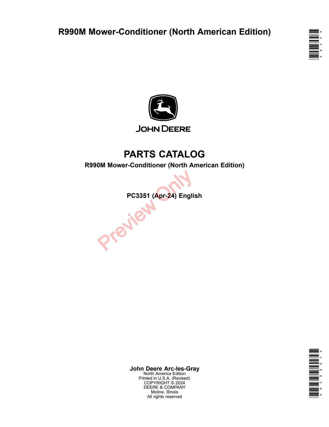 John Deere R990M Mower Conditioner Parts Catalog PC3351 1 John Deere R990M Mower Conditioner Parts Catalog PC3351