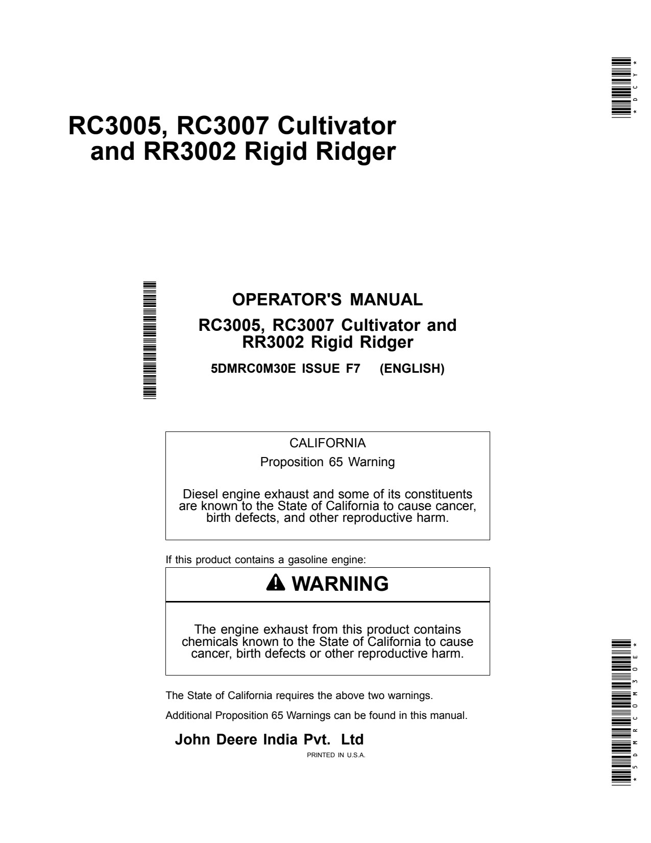 John Deere RC3005 RC3007 RR3002 Rigid Ridger Operator Manual 5DMRC0M30E 1 John Deere RC3005 RC3007 RR3002 Rigid Ridger Operator Manual 5DMRC0M30E