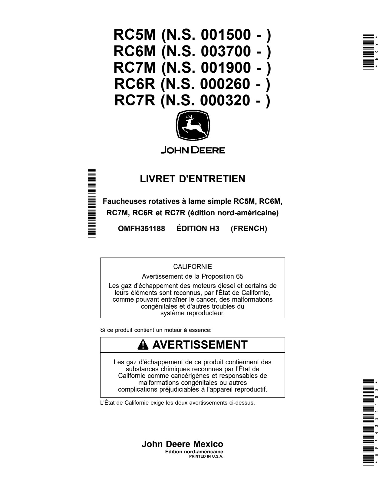 John Deere RC5M RC6M RC6R RC7M RC7R Single-spindle Rotary Cutter Operator Manual OMFH351188 FR 1 John Deere RC5M RC6M RC6R RC7M RC7R Single-spindle Rotary Cutter Operator Manual OMFH351188 FR