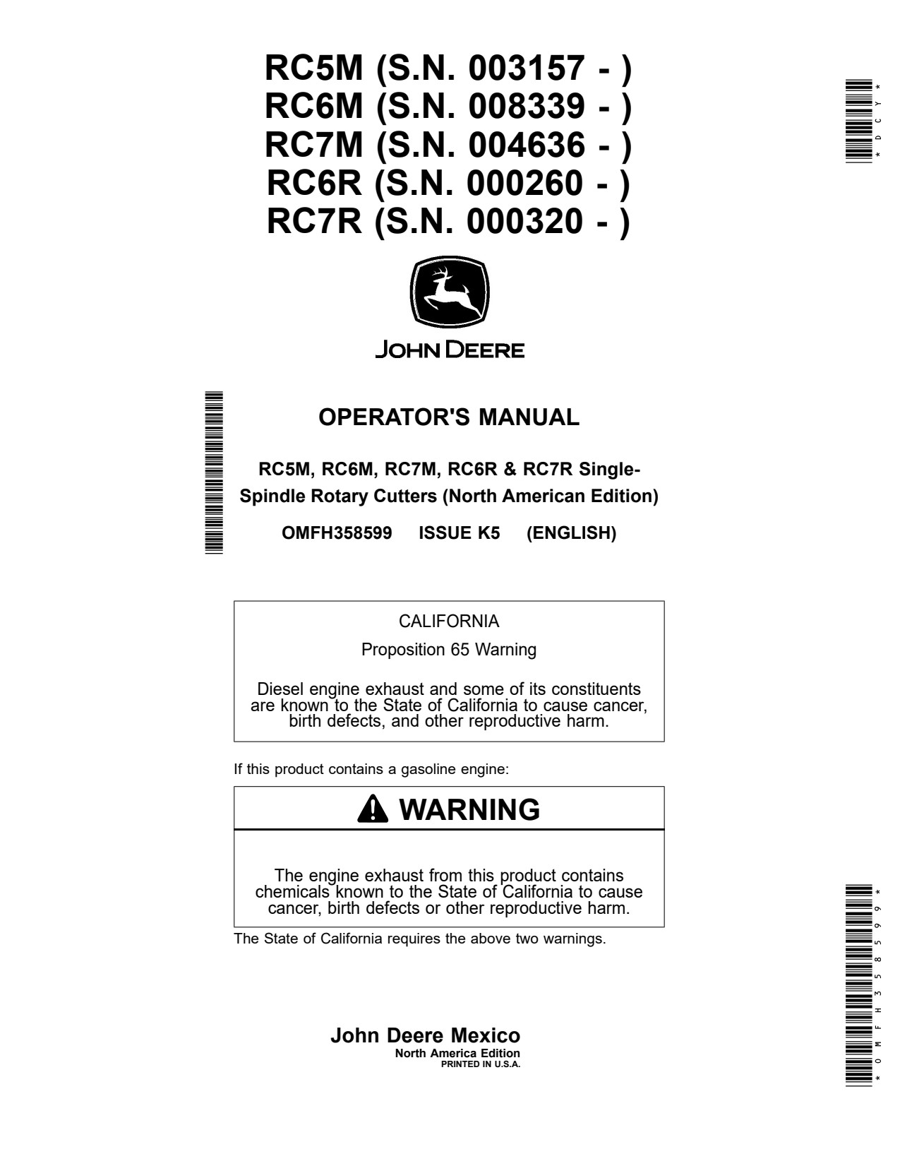 John Deere RC5M RC6M RC7M RC6R RC7R Single-spindle Rotary Cutter Operator Manual OMFH358599 1 John Deere RC5M RC6M RC7M RC6R RC7R Single-spindle Rotary Cutter Operator Manual OMFH358599