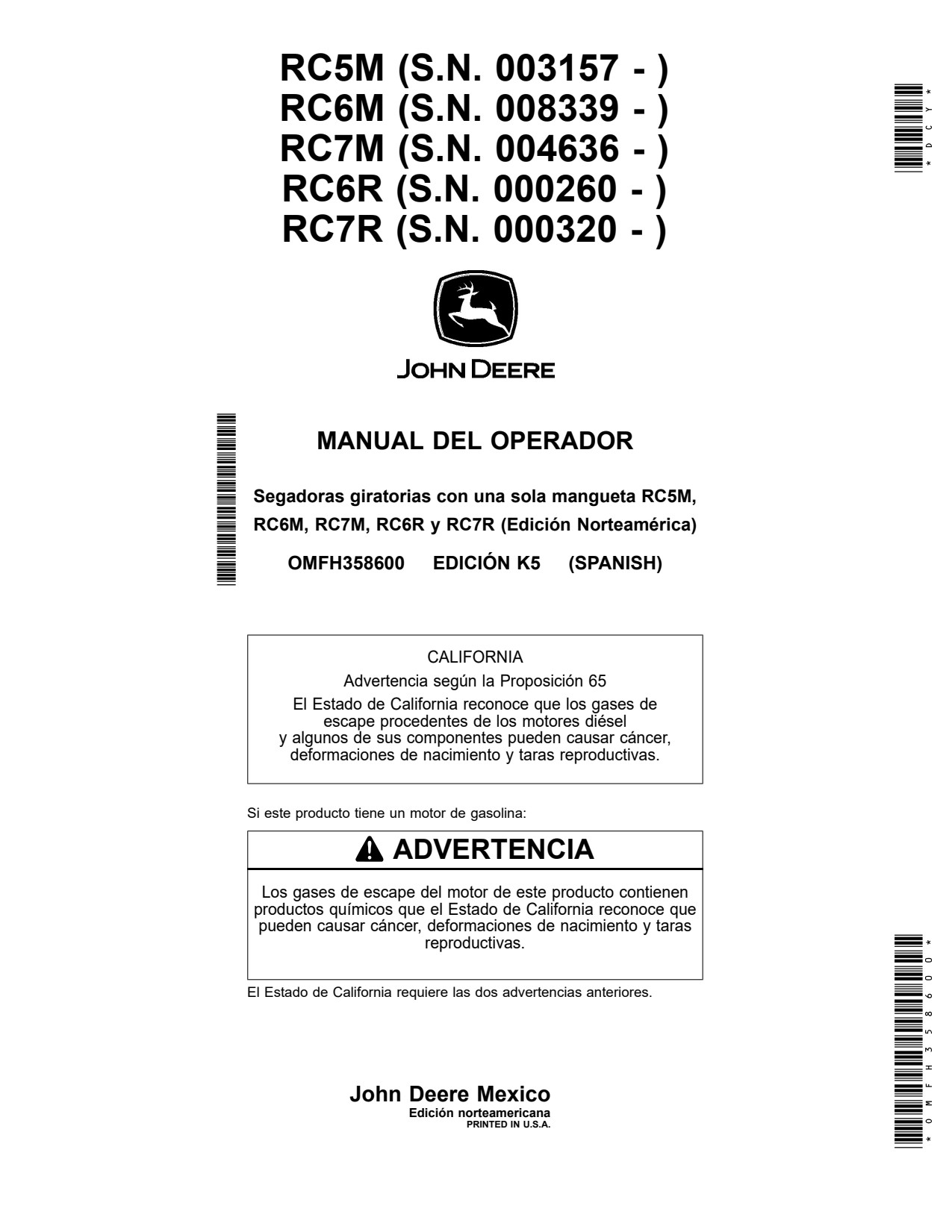John Deere RC5M RC6M RC7M RC6R RC7R Single-spindle Rotary Cutter Operator Manual OMFH358600 ES 1 John Deere RC5M RC6M RC7M RC6R RC7R Single-spindle Rotary Cutter Operator Manual OMFH358600 ES