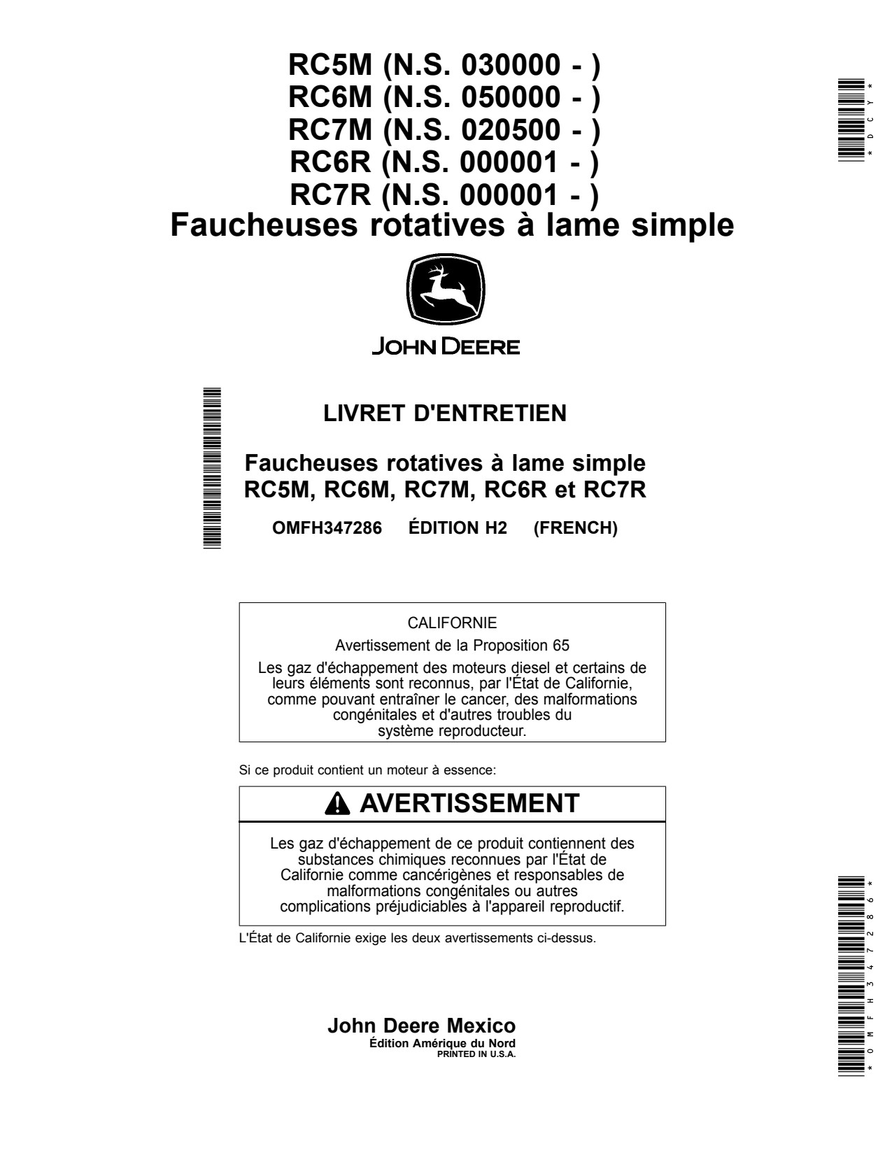 John Deere RC7M RC7R RC6R RC6M RC5M Single-spindle Rotary Cutter Operator Manual OMFH347286 FR 1 John Deere RC7M RC7R RC6R RC6M RC5M Single-spindle Rotary Cutter Operator Manual OMFH347286 FR