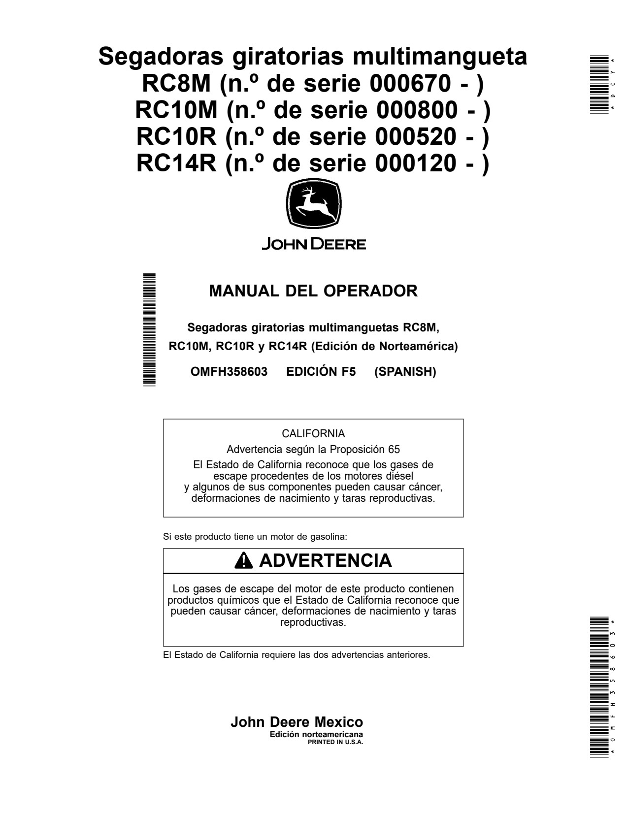 John Deere RC8M RC10M RC10R RC14R FC15R Multi-spindle Rotary Cutter Operator Manual OMFH358603 ES 1 John Deere RC8M RC10M RC10R RC14R FC15R Multi-spindle Rotary Cutter Operator Manual OMFH358603 ES