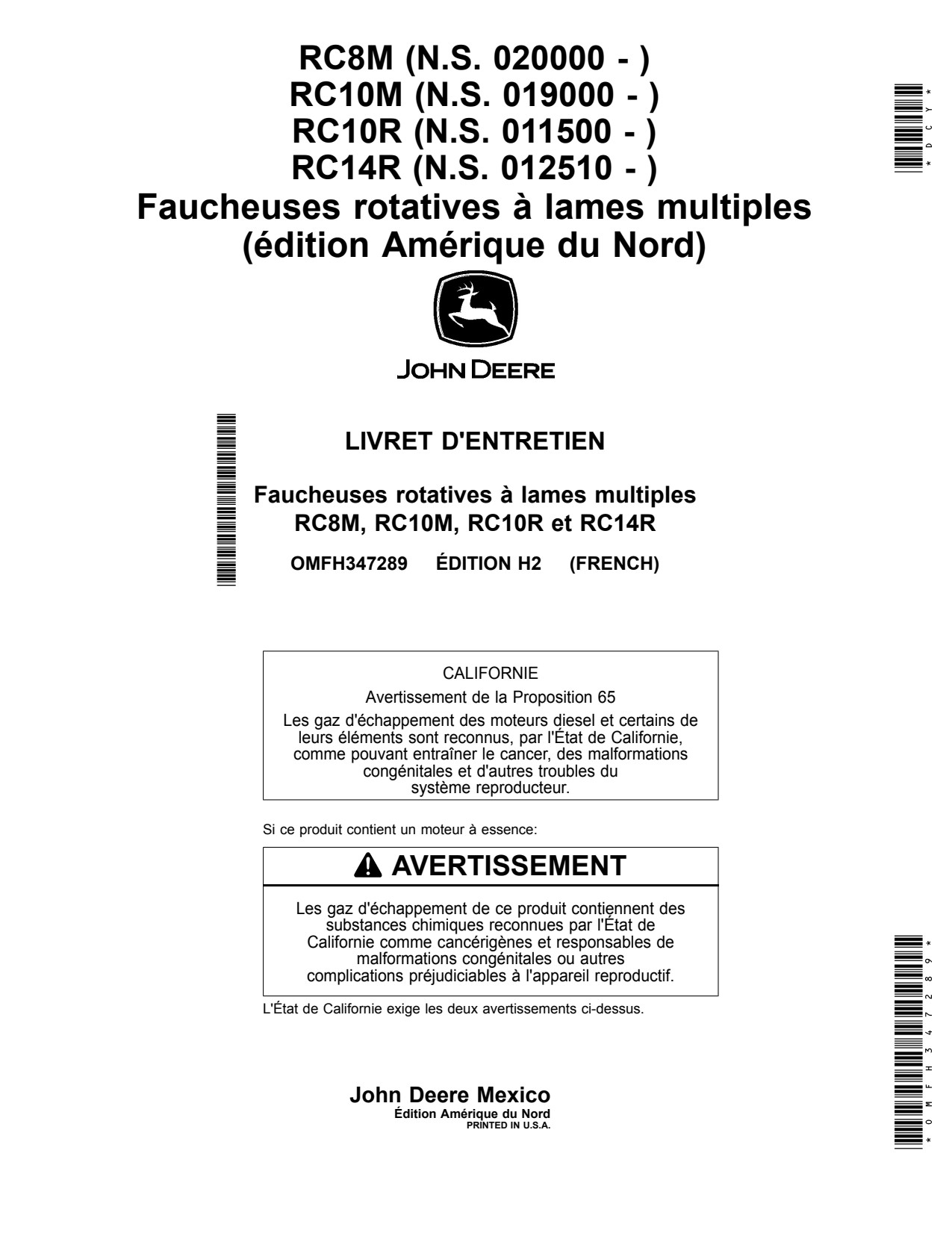 John Deere RC8M RC10R RC14R RC10M Multi-spindle Rotary Cutter Operator Manual OMFH347289 FR 1 John Deere RC8M RC10R RC14R RC10M Multi-spindle Rotary Cutter Operator Manual OMFH347289 FR