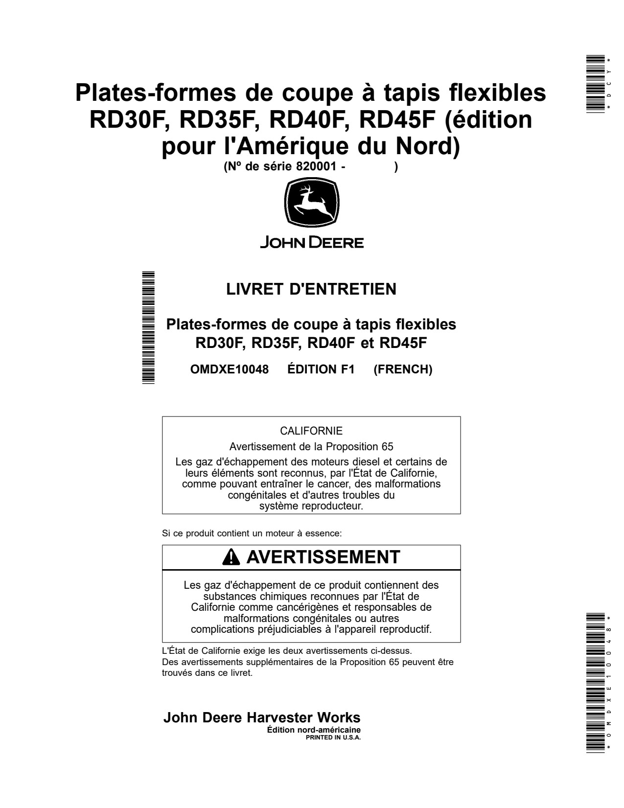 John Deere RD30F RD35F RD40F RD45F Flexible Header Platform Operator Manual OMDXE10048 FR 1 John Deere RD30F RD35F RD40F RD45F Flexible Header Platform Operator Manual OMDXE10048 FR