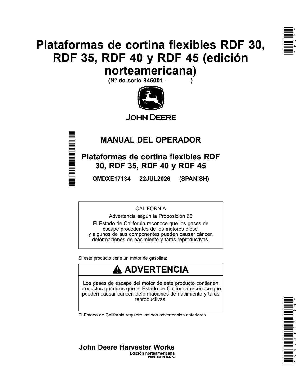 John Deere RDF30 to RDF45 30 45 Flexible Header Platform Operator Manual OMDXE17134 ES 1 John Deere RDF30 to RDF45 30 45 Flexible Header Platform Operator Manual OMDXE17134 ES
