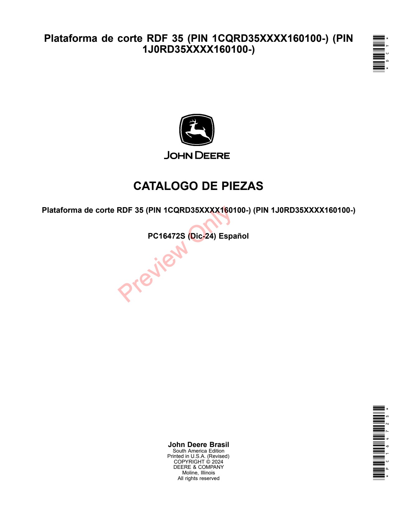 John Deere RDF35 35 Header Platform Parts Catalog PC16472S ES 1 John Deere RDF35 35 Header Platform Parts Catalog PC16472S ES
