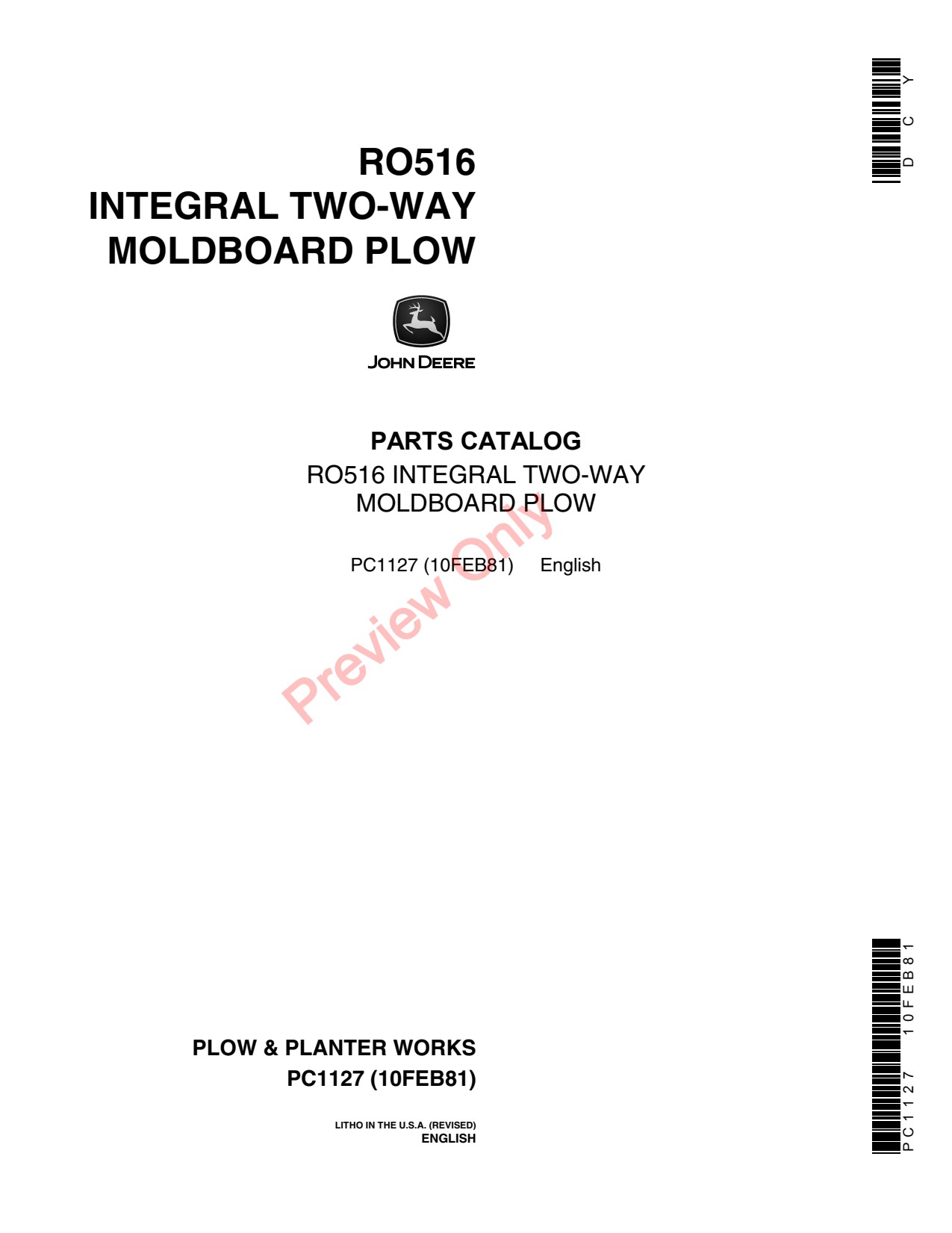 John Deere RO516 516 Integral Two-way Moldboard Plow Parts Catalog PC1127 1 John Deere RO516 516 Integral Two-way Moldboard Plow Parts Catalog PC1127