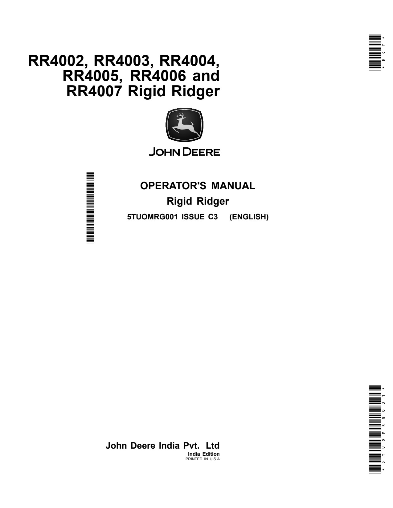 John Deere RR4002 to RR4007 Rigid Ridger Operator Manual 5TUOMRG001 1 John Deere RR4002 to RR4007 Rigid Ridger Operator Manual 5TUOMRG001