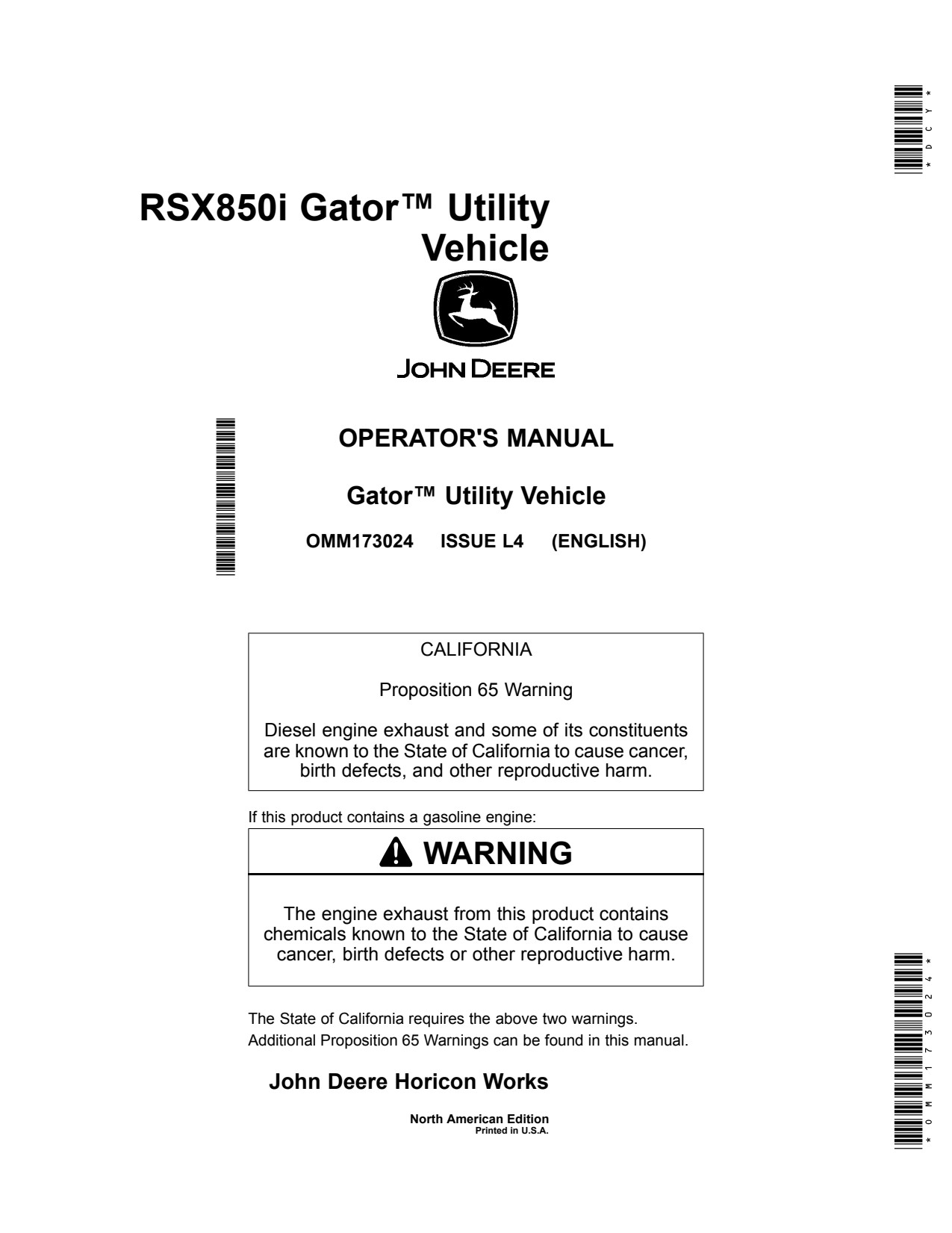 John Deere RSX850i Gator Utility Vehicle Gator Operator Manual OMM173024 1 John Deere RSX850i Gator Utility Vehicle Gator Operator Manual OMM173024