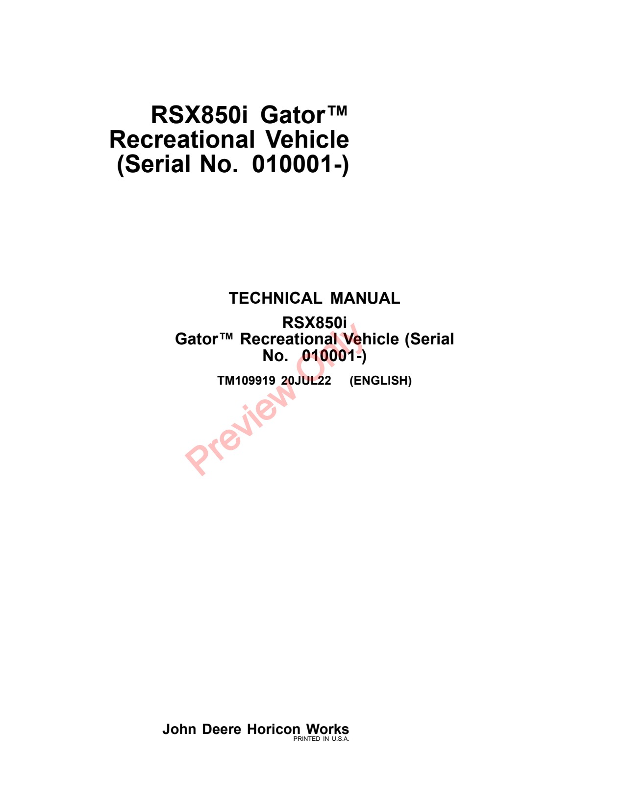 John Deere RSX850i Utility Vehicle Gator Technical Manual TM109919 1 John Deere RSX850i Utility Vehicle Gator Technical Manual TM109919