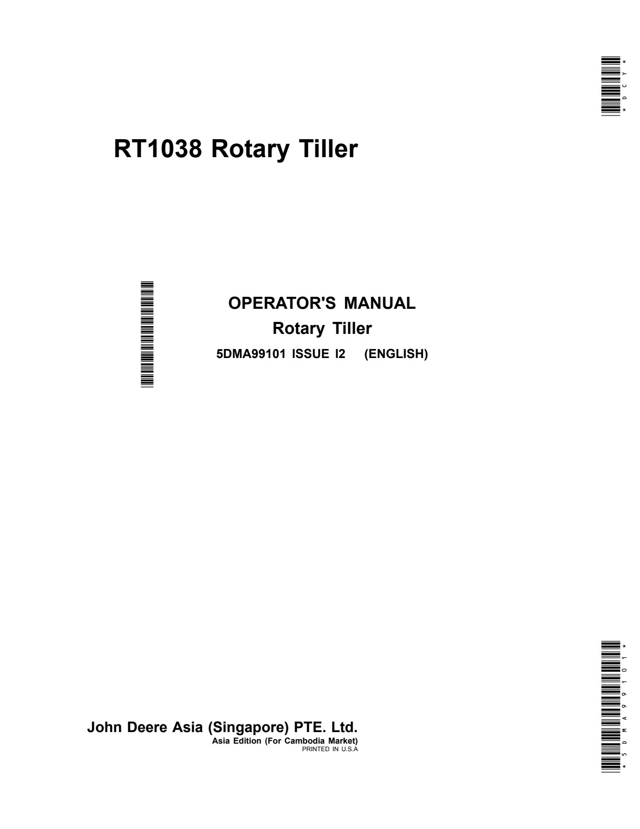 John Deere RT1038 Rotary Tiller Operator Manual 5DMA99101 1 John Deere RT1038 Rotary Tiller Operator Manual 5DMA99101
