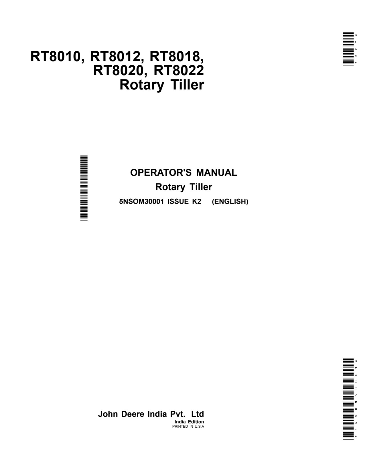 John Deere RT8018 RT8012 RT8022 RT8010 RT8020 Rotary Tiller Operator Manual 5NSOM30001 1 John Deere RT8018 RT8012 RT8022 RT8010 RT8020 Rotary Tiller Operator Manual 5NSOM30001