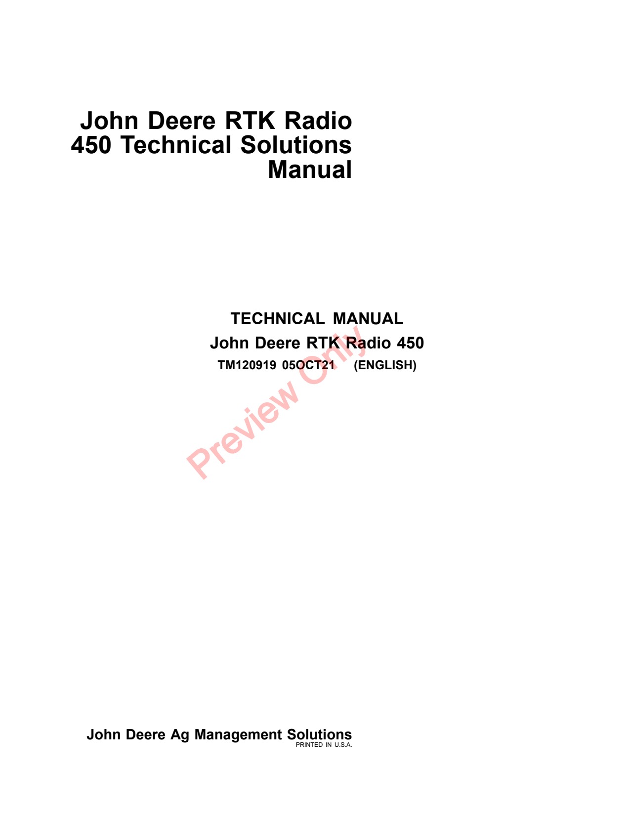 John Deere RTK Radio 450 Technical Solutions Manual Precision Ag Electronics TM120919 1 John Deere RTK Radio 450 Technical Solutions Manual Precision Ag Electronics TM120919