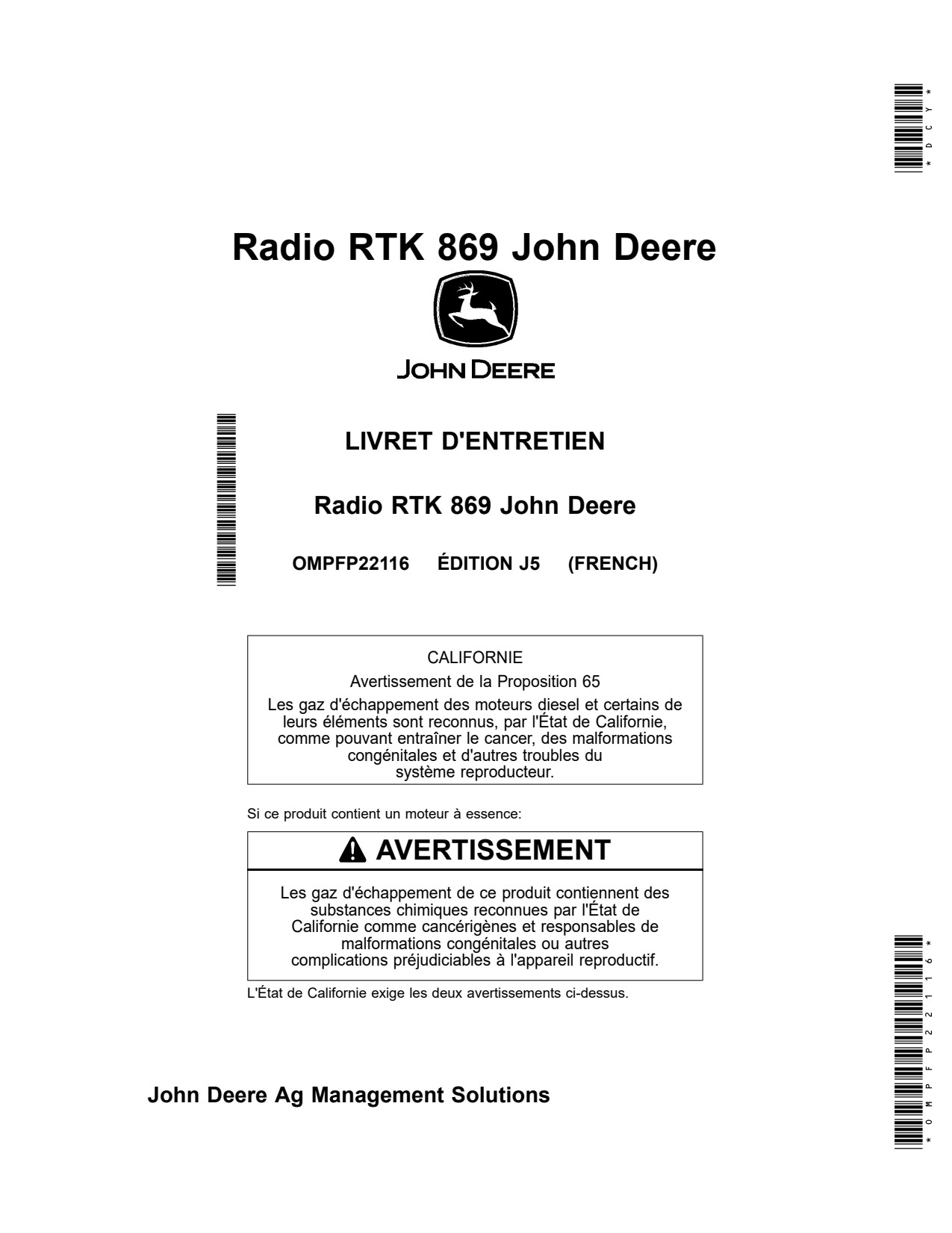 John Deere RTK Radio 869 Precision Ag Electronics Operator Manual OMPFP22116 FR 1 John Deere RTK Radio 869 Precision Ag Electronics Operator Manual OMPFP22116 FR