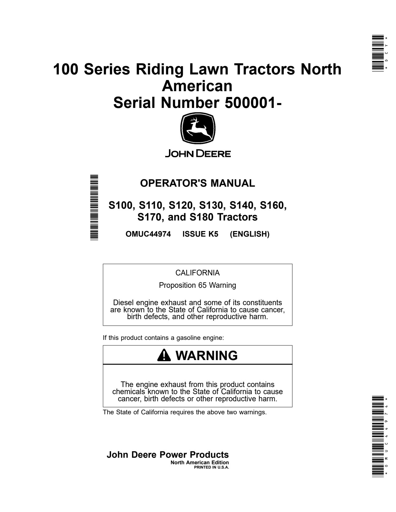 John Deere S100 to S140 S160 S180 Riding Lawn Tractor Operator Manual OMUC44974 1 John Deere S100 to S140 S160 S180 Riding Lawn Tractor Operator Manual OMUC44974