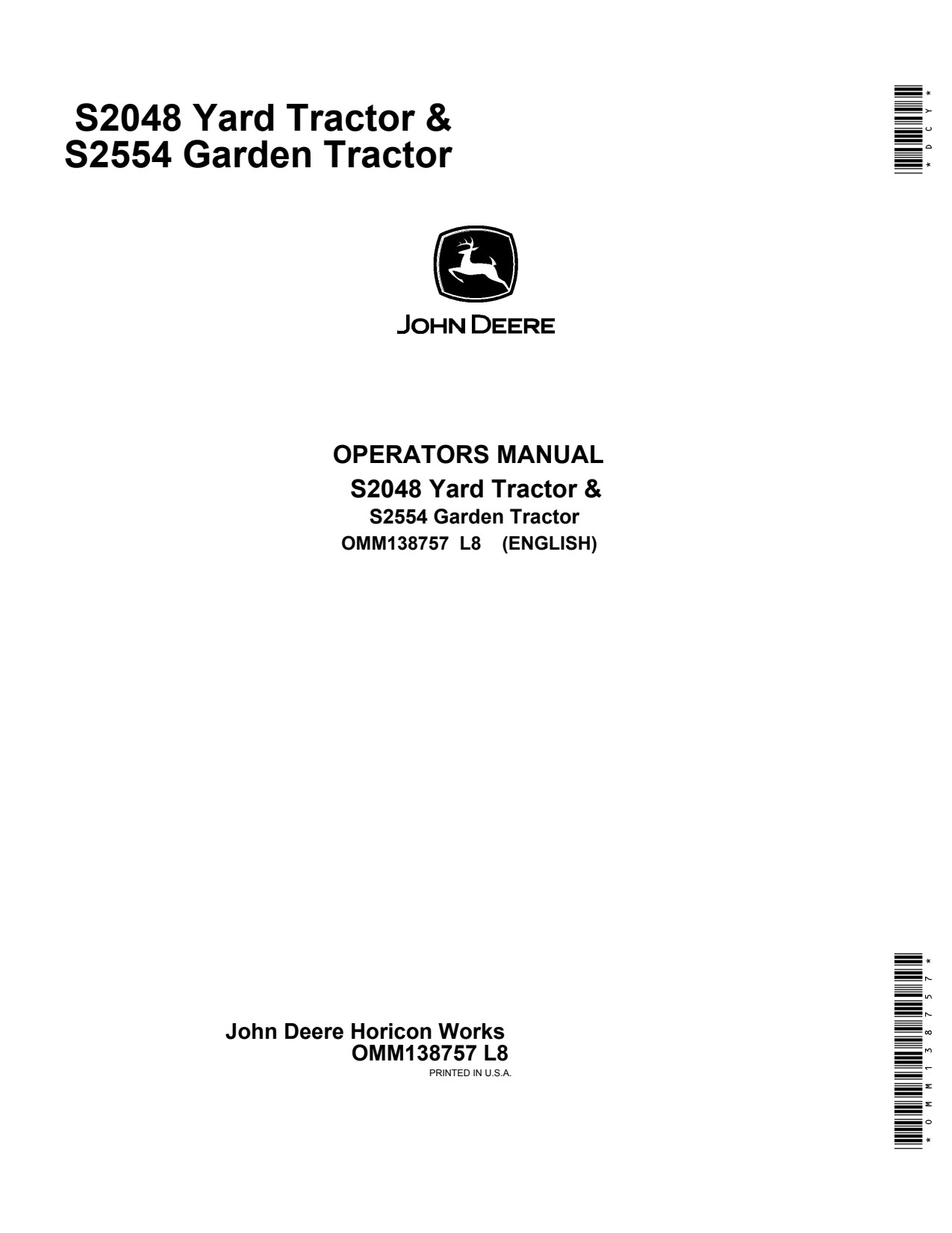 John Deere S2048 Scotts S2554 Garden Tractor Operator Manual OMM138757 1 John Deere S2048 Scotts S2554 Garden Tractor Operator Manual OMM138757