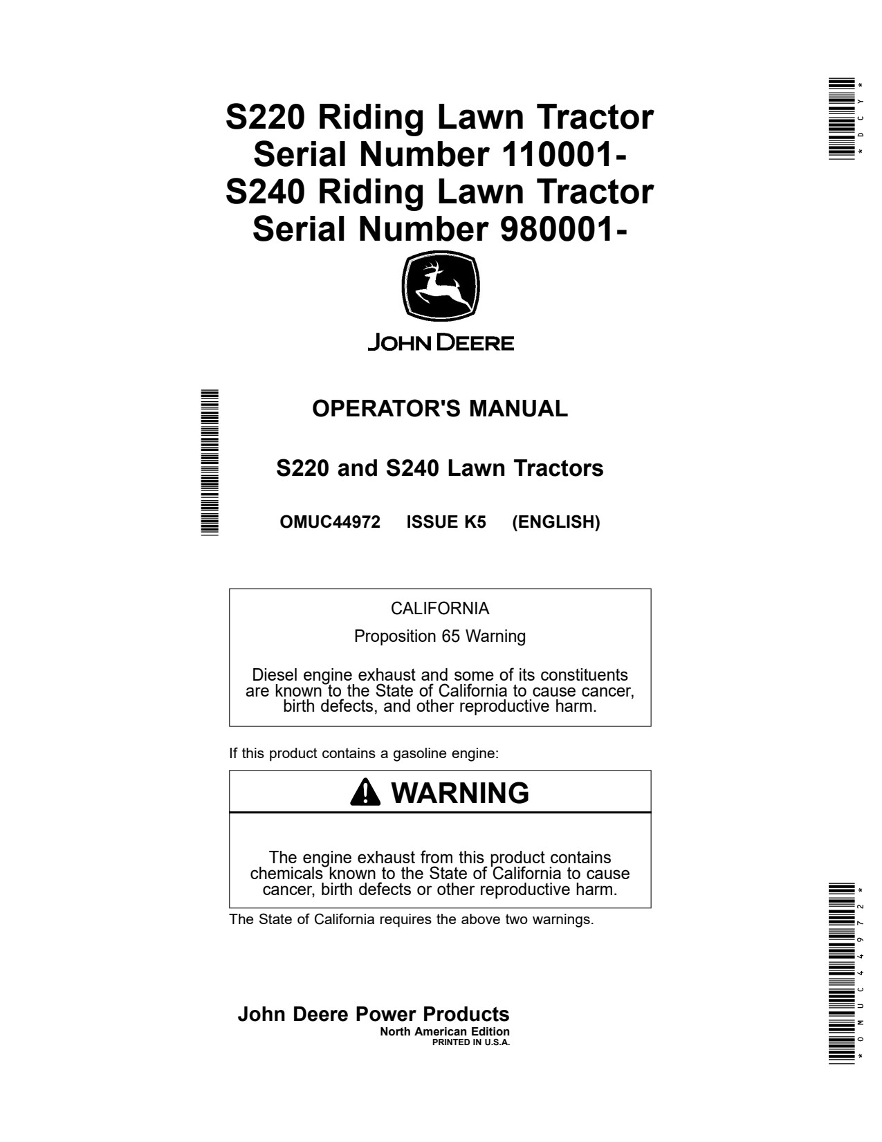 John Deere S220 S240 Riding Lawn Tractor Operator Manual OMUC44972 1 John Deere S220 S240 Riding Lawn Tractor Operator Manual OMUC44972