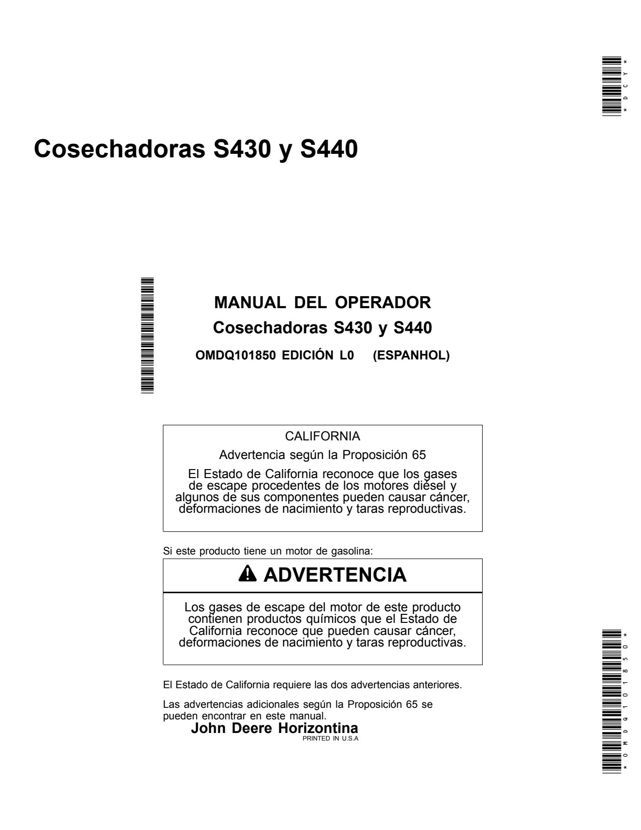 John Deere S430 S440 Combine Operator Manual OMDQ101850 ES 1 John Deere S430 S440 Combine Operator Manual OMDQ101850 ES