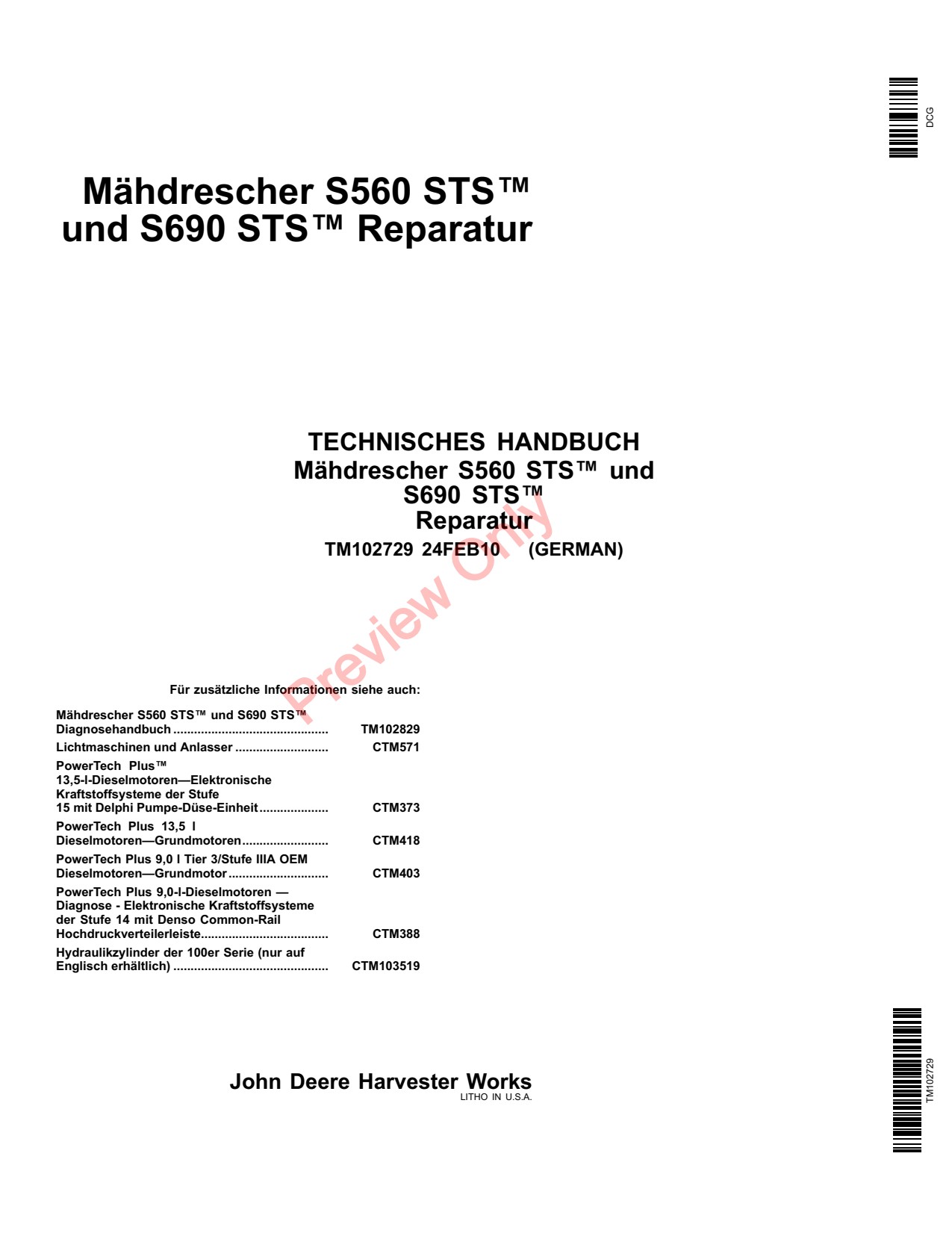John Deere S560 STS S690 Hillmaster Combine Technical Manual TM102729 DE 1 John Deere S560 STS S690 Hillmaster Combine Technical Manual TM102729 DE