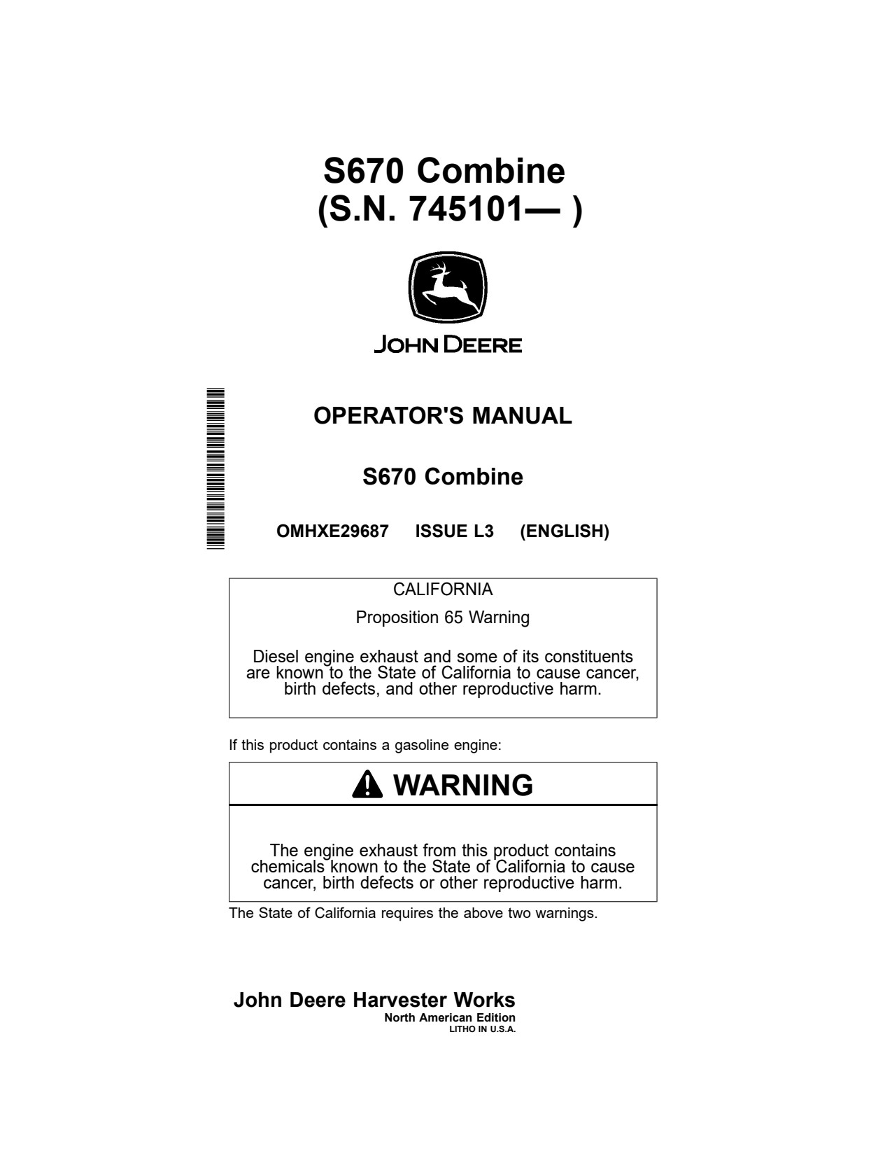 John Deere S670 Combine Operator Manual OMHXE29687 1 John Deere S670 Combine Operator Manual OMHXE29687