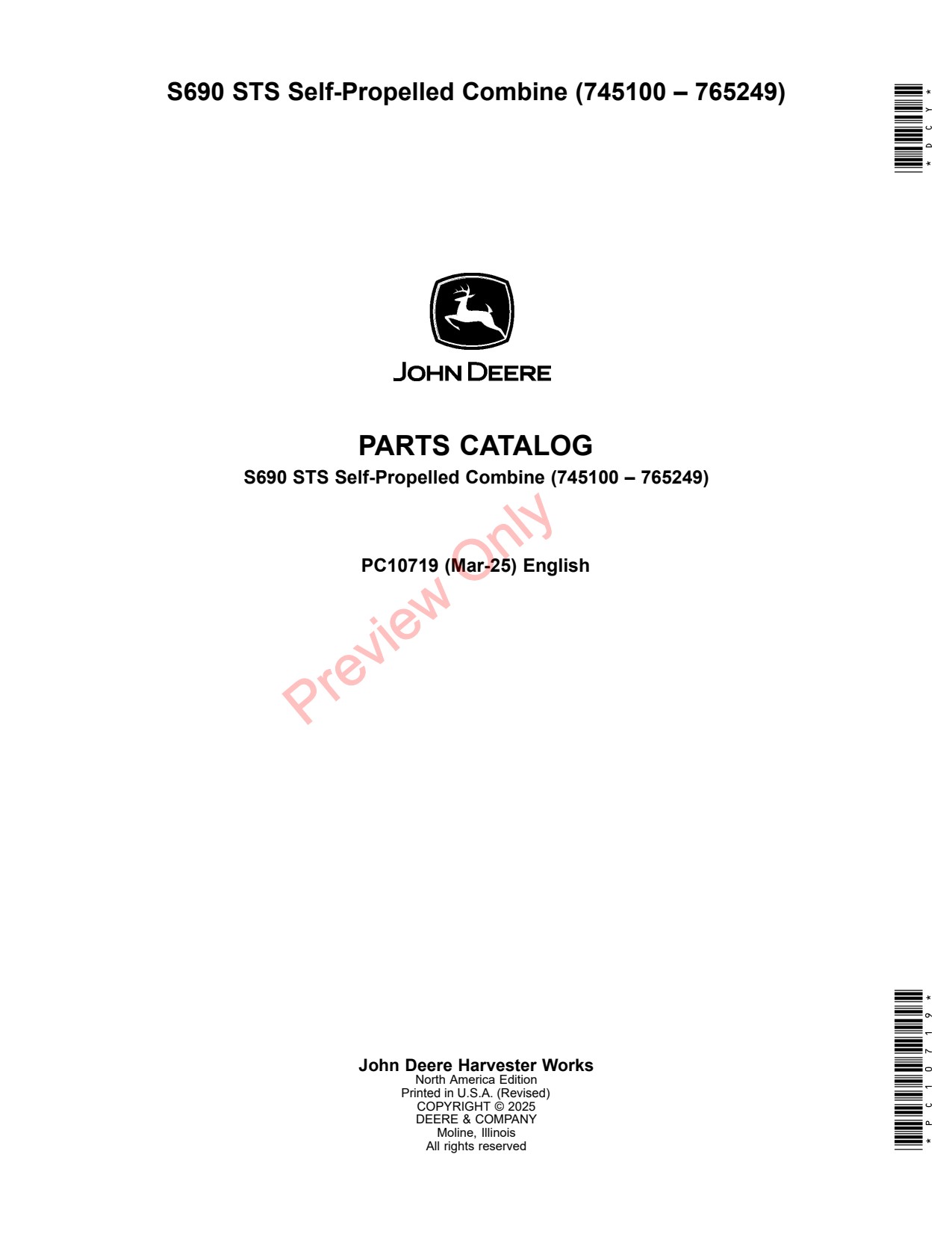 John Deere S690 STS Self-propelled Combine Parts Catalog PC10719 1 John Deere S690 STS Self-propelled Combine Parts Catalog PC10719