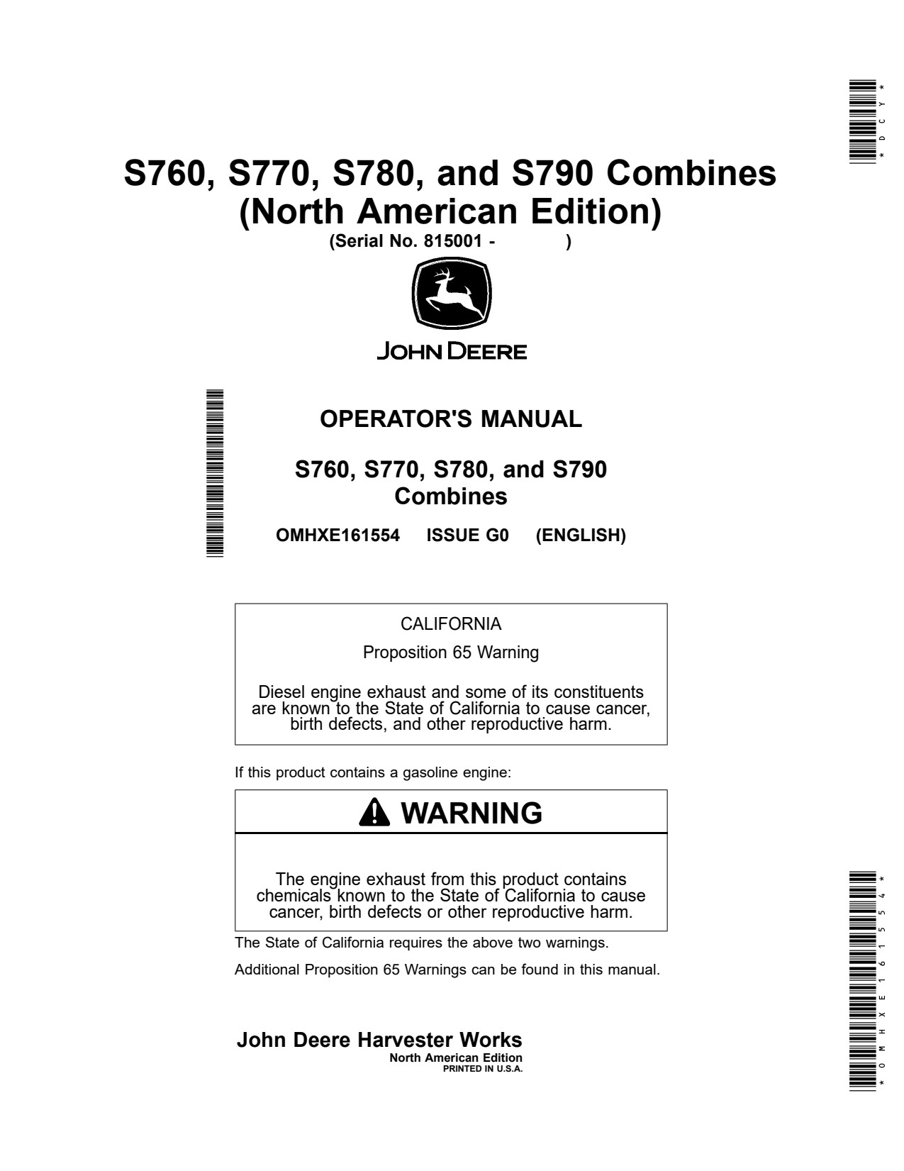 John Deere S760 S780 S770 S790 Combine Operator Manual OMHXE161554 1 John Deere S760 S780 S770 S790 Combine Operator Manual OMHXE161554