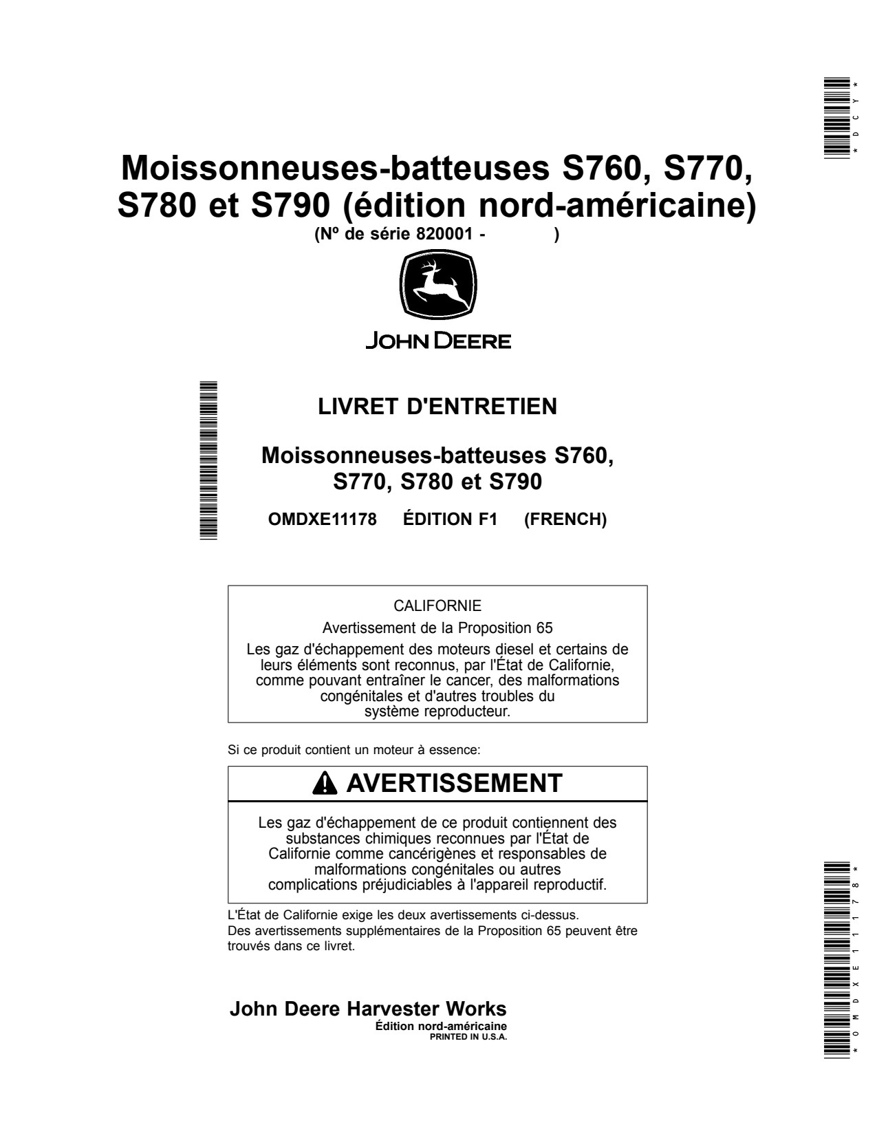 John Deere S760 to S790 Combine Operator Manual OMDXE11178 FR 1 John Deere S760 to S790 Combine Operator Manual OMDXE11178 FR
