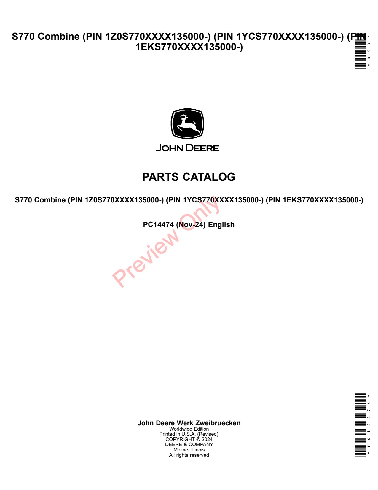 John Deere S770 Combine Parts Catalog PC14474 1 John Deere S770 Combine Parts Catalog PC14474